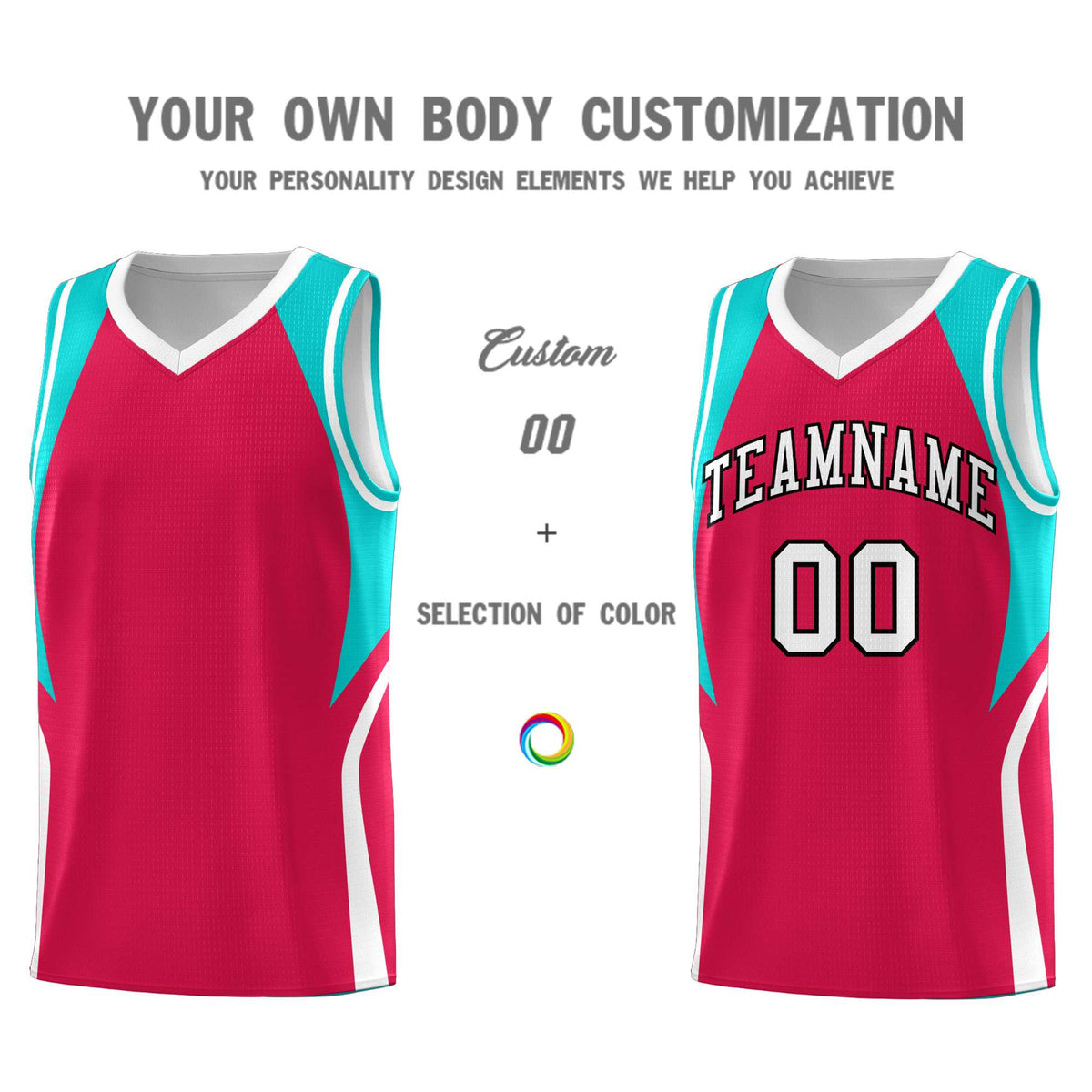 Custom Red Aqua and White Color Block Sports Uniform Basketball Jersey