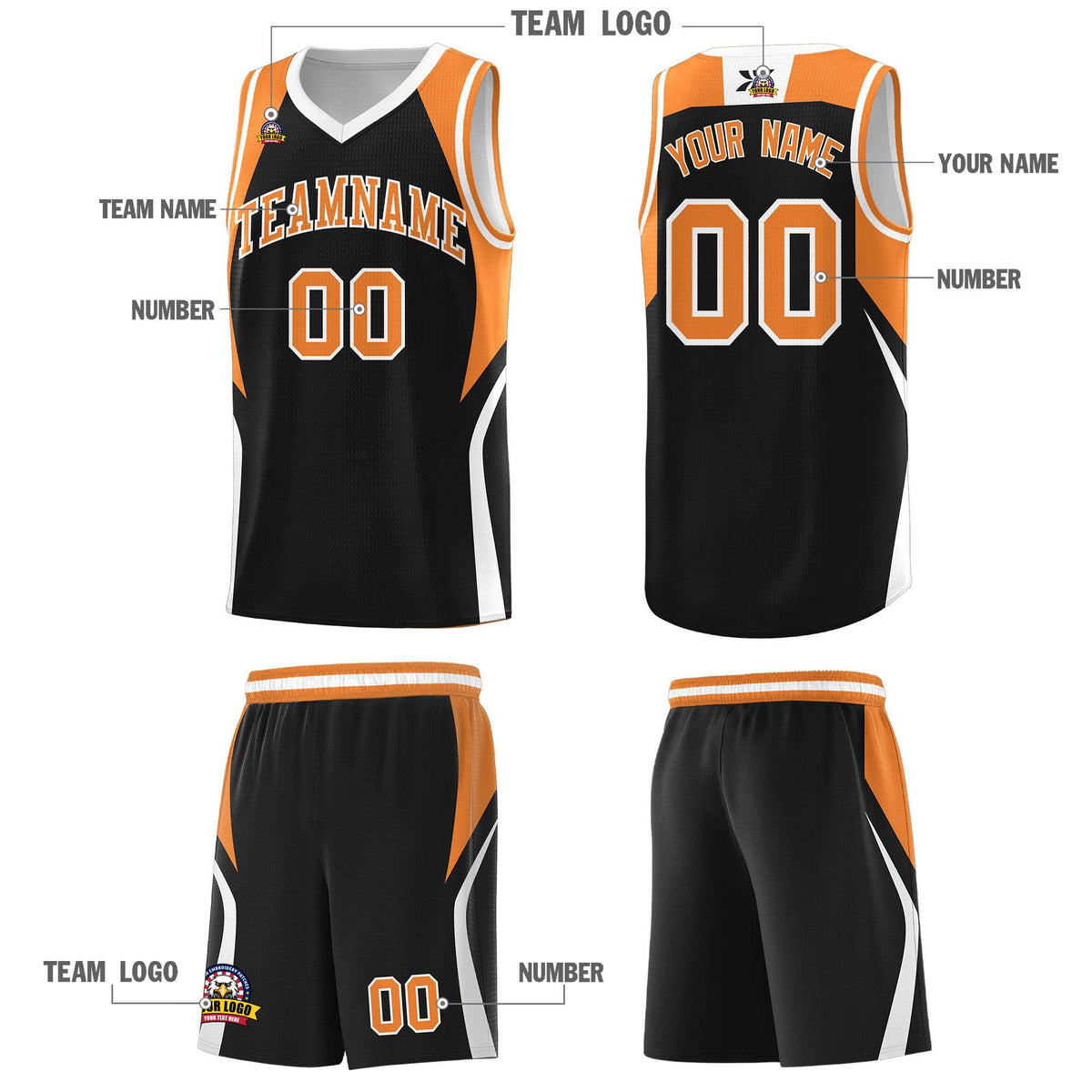 Custom Black Gold Orange and White Color Block Sports Uniform Basketball Jersey