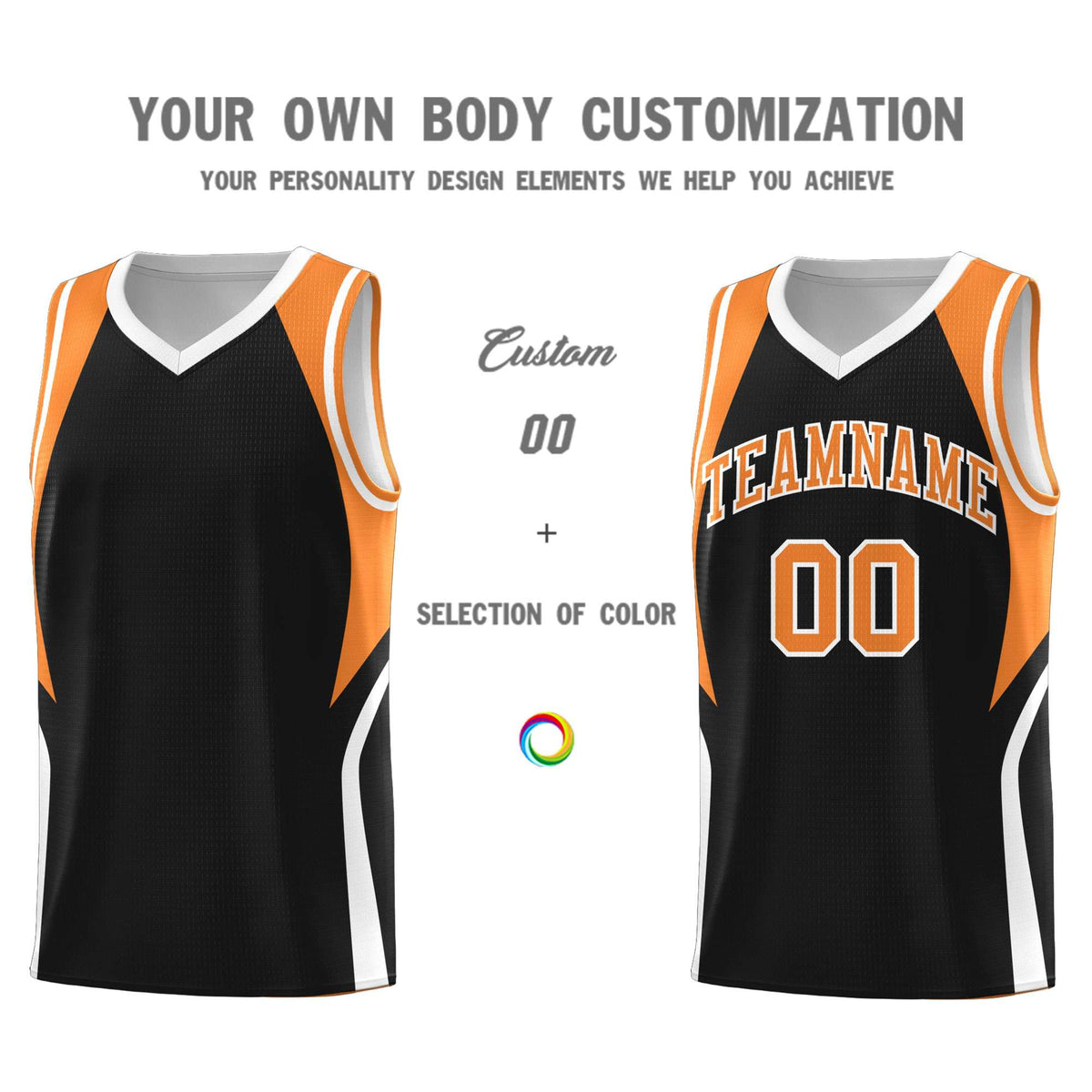 Custom Black Gold Orange and White Color Block Sports Uniform Basketball Jersey