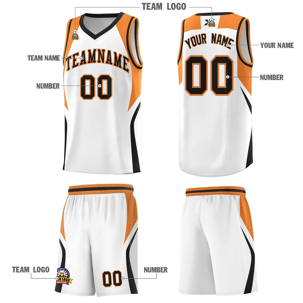 Custom White Gold Orange and Black Color Block Sports Uniform Basketball Jersey