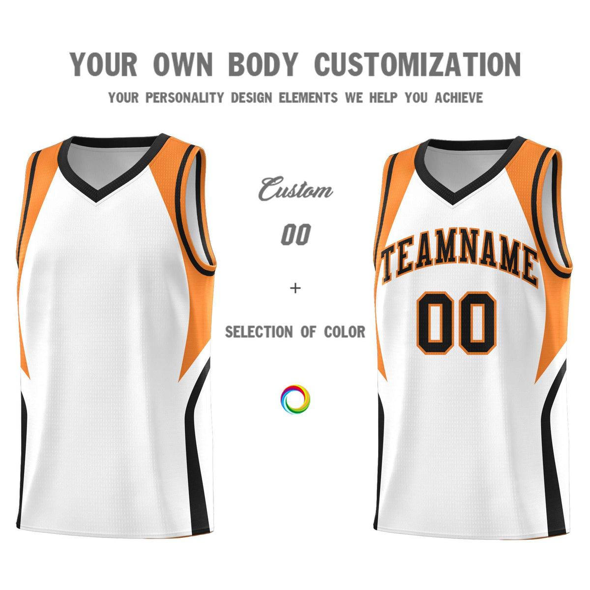 Custom White Gold Orange and Black Color Block Sports Uniform Basketball Jersey
