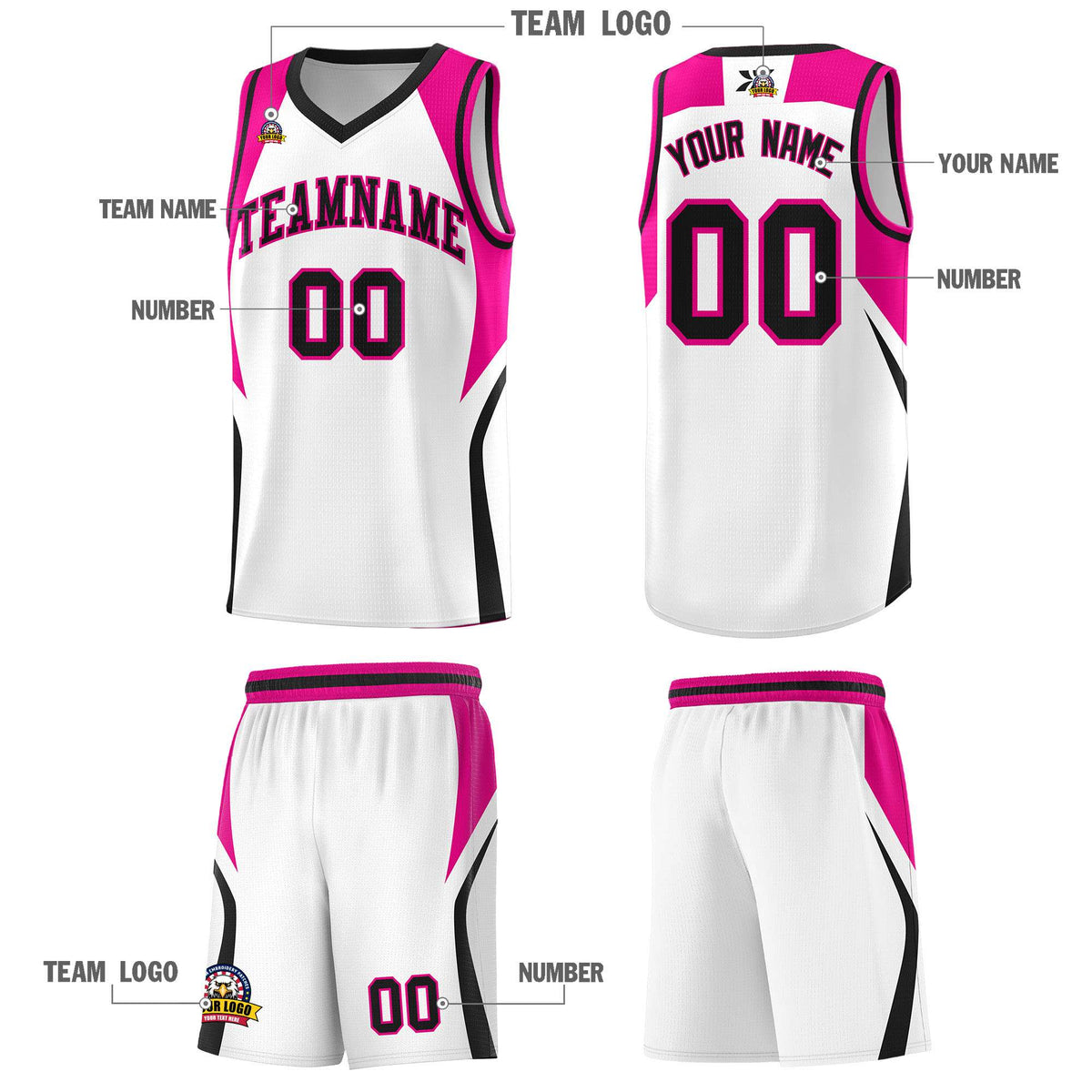 Custom White Pink and Black Color Block Sports Uniform Basketball Jersey