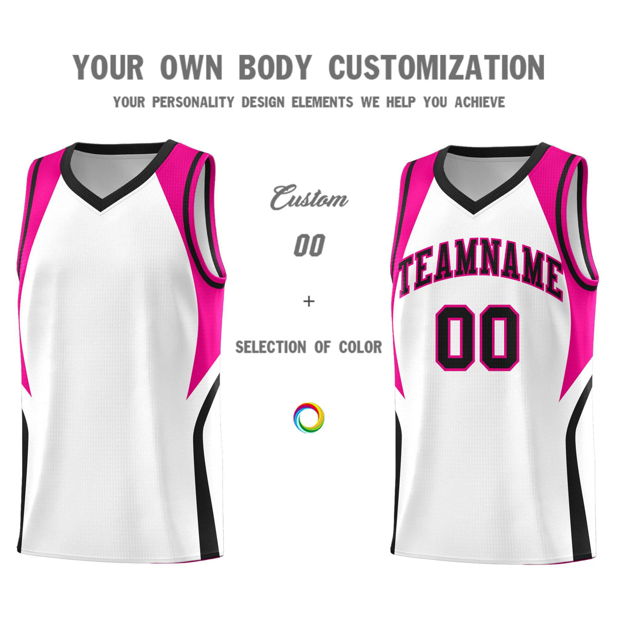 Custom White Pink and Black Color Block Sports Uniform Basketball Jersey