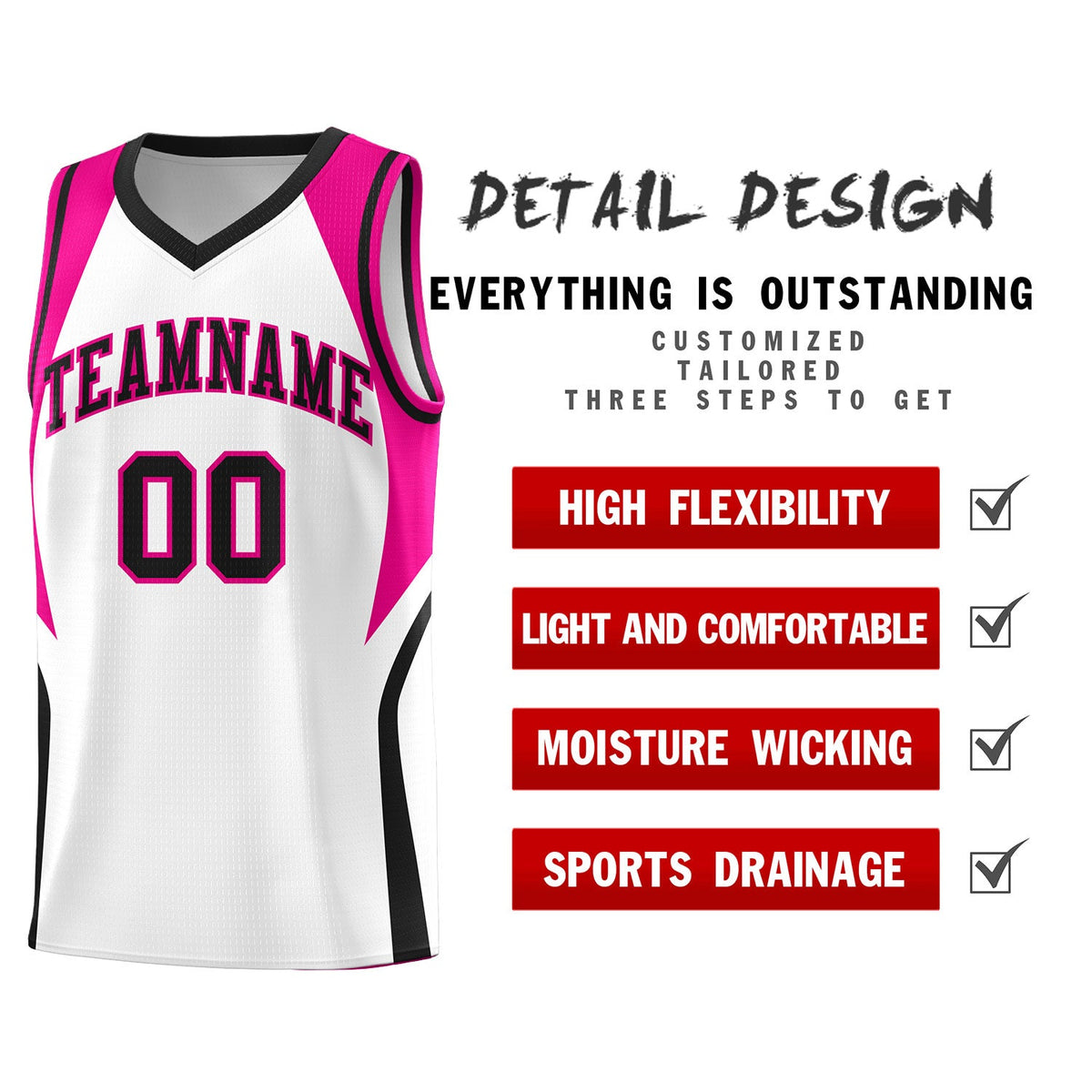 Custom White Pink and Black Color Block Sports Uniform Basketball Jersey