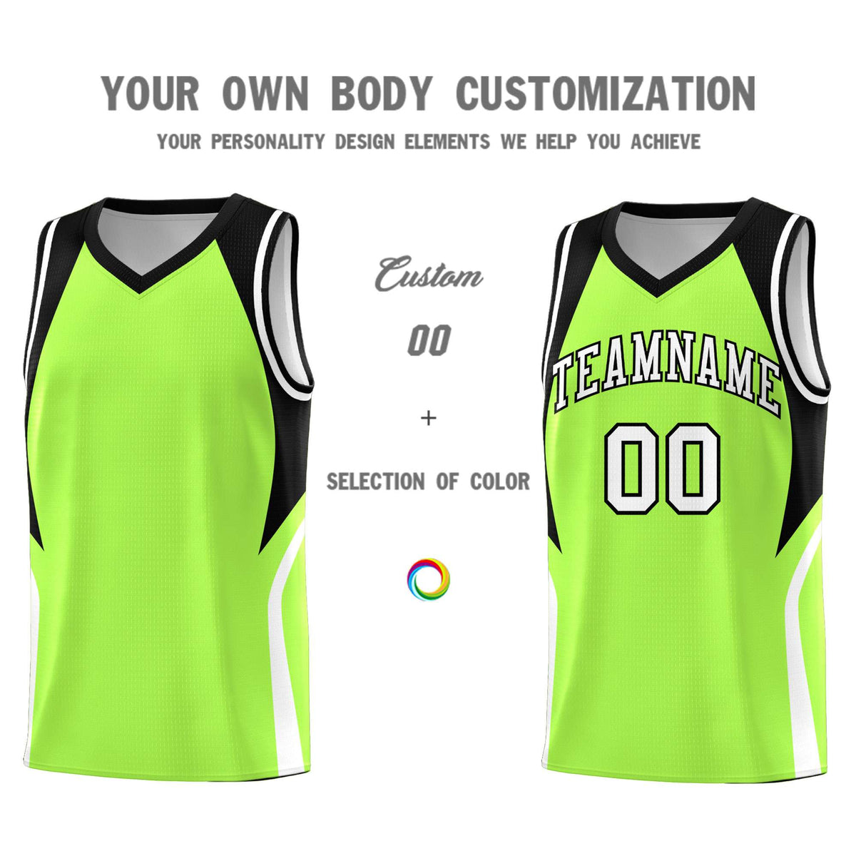 Custom Fluorescent Green Black and White Color Block Sports Uniform Basketball Jersey
