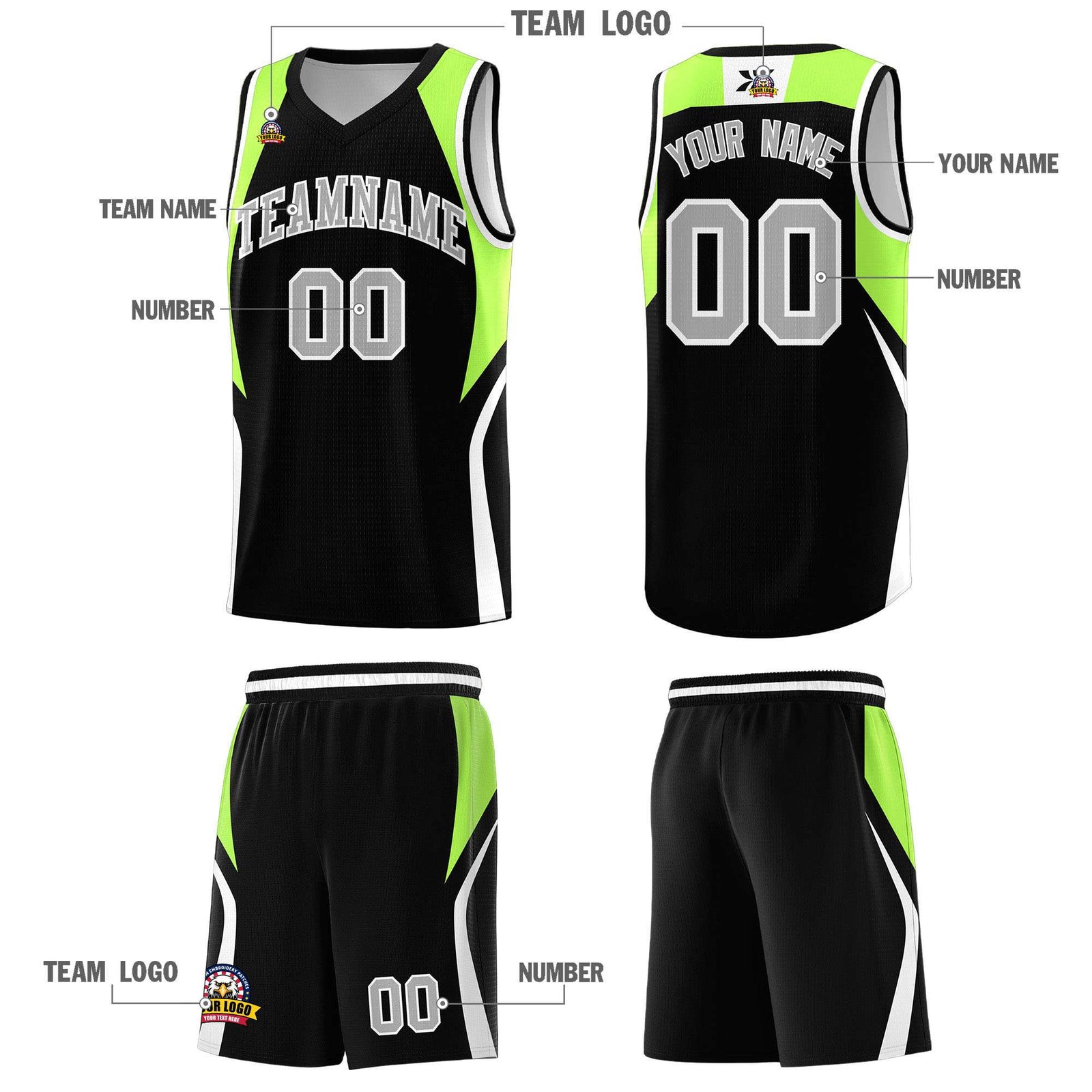 Custom Black Fluorescent Green and White Color Block Sports Uniform Basketball Jersey