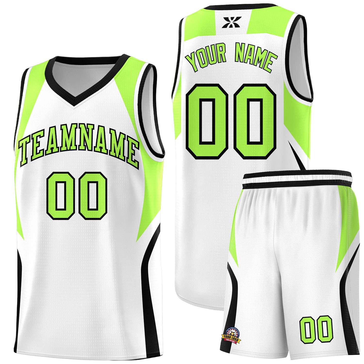 Custom White Fluorescent Green and Black Color Block Sports Uniform Basketball Jersey