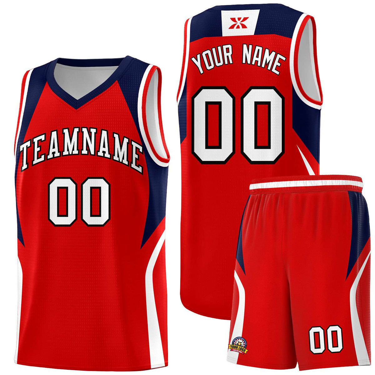 Custom Red Navy and White Color Block Sports Uniform Basketball Jersey
