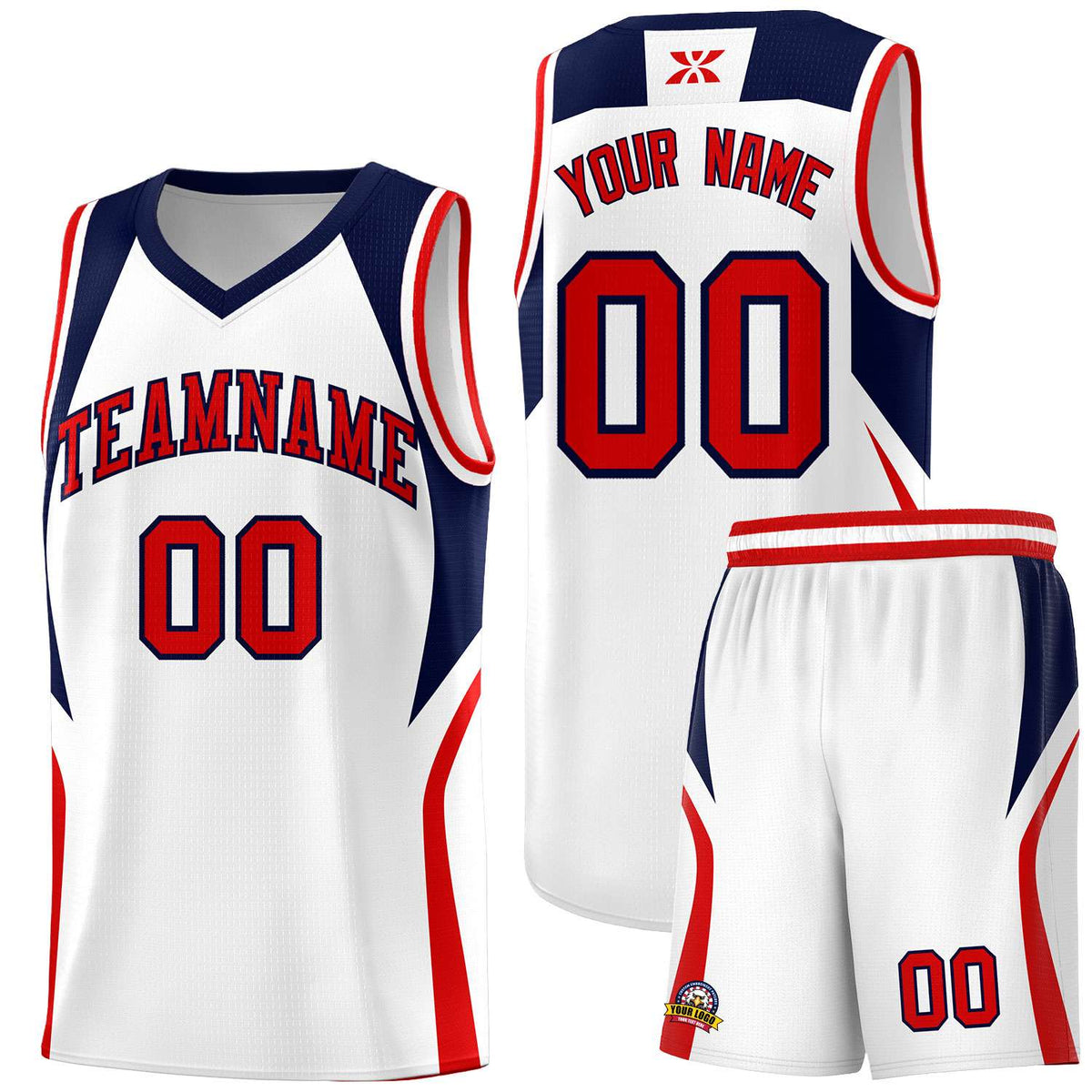 Custom White Navy and Red Color Block Sports Uniform Basketball Jersey