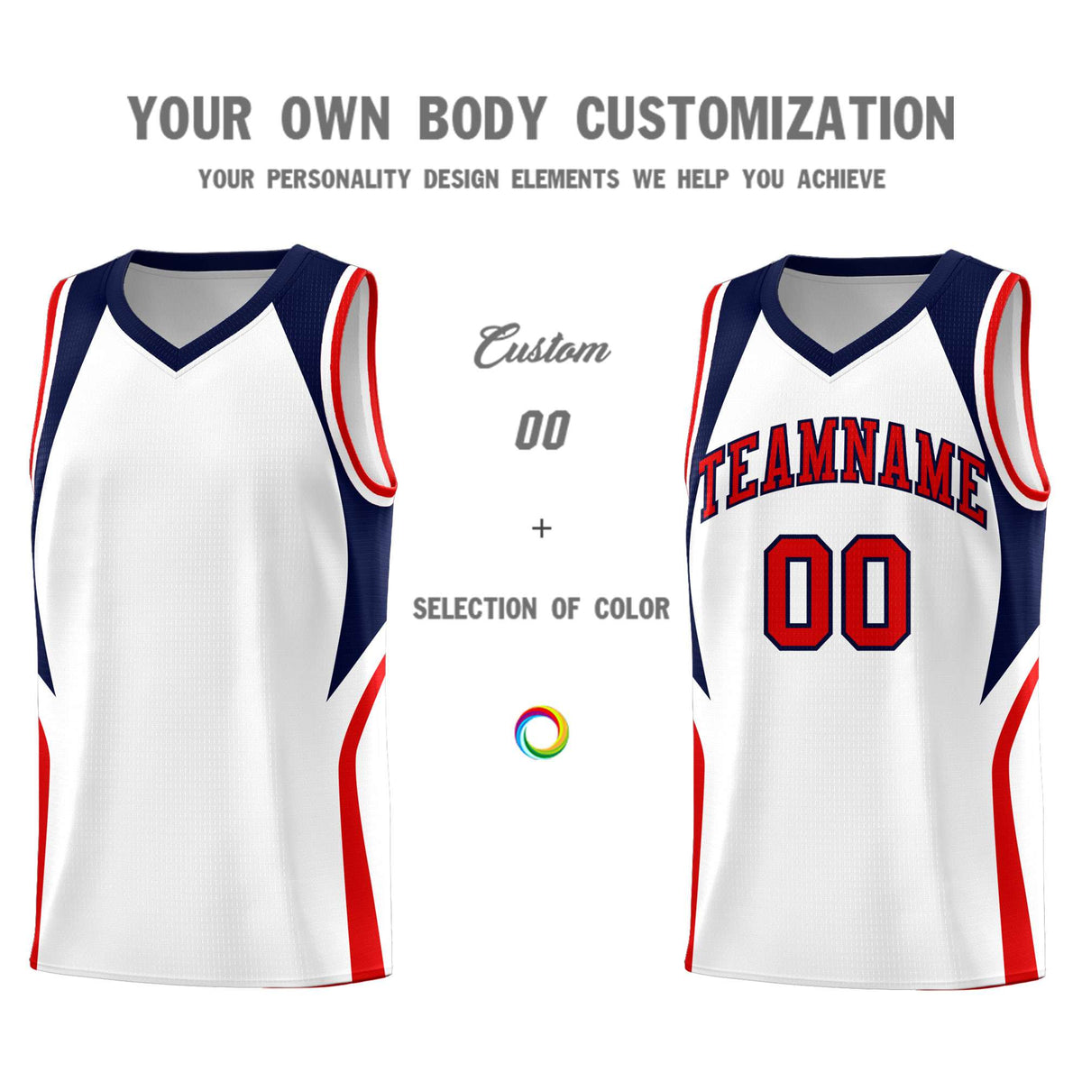 Custom White Navy and Red Color Block Sports Uniform Basketball Jersey