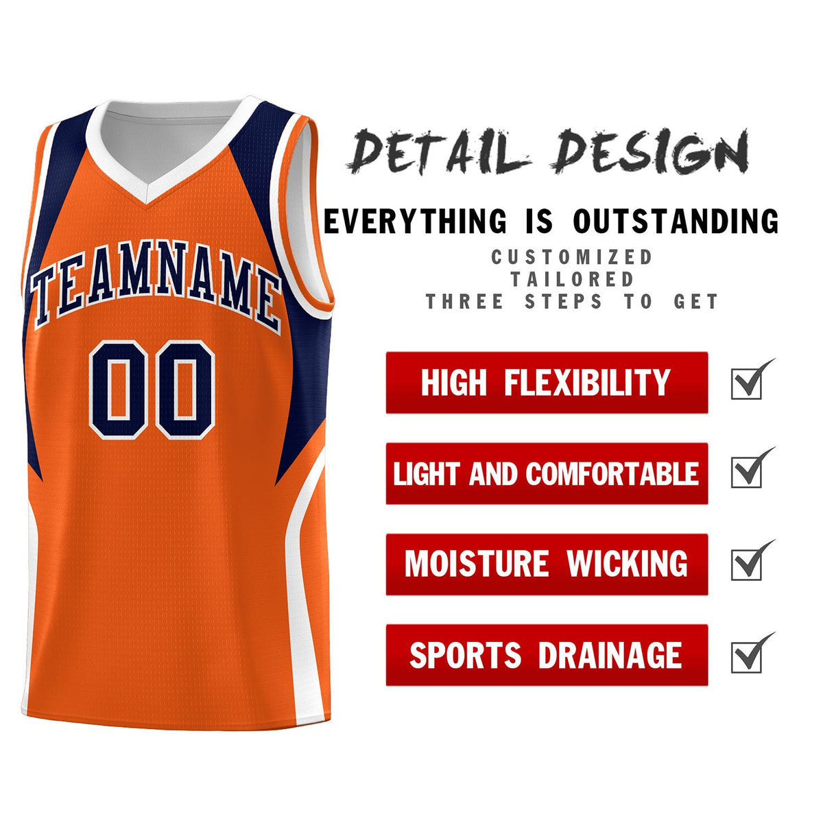 Custom Orange Navy and White Color Block Sports Uniform Basketball Jersey