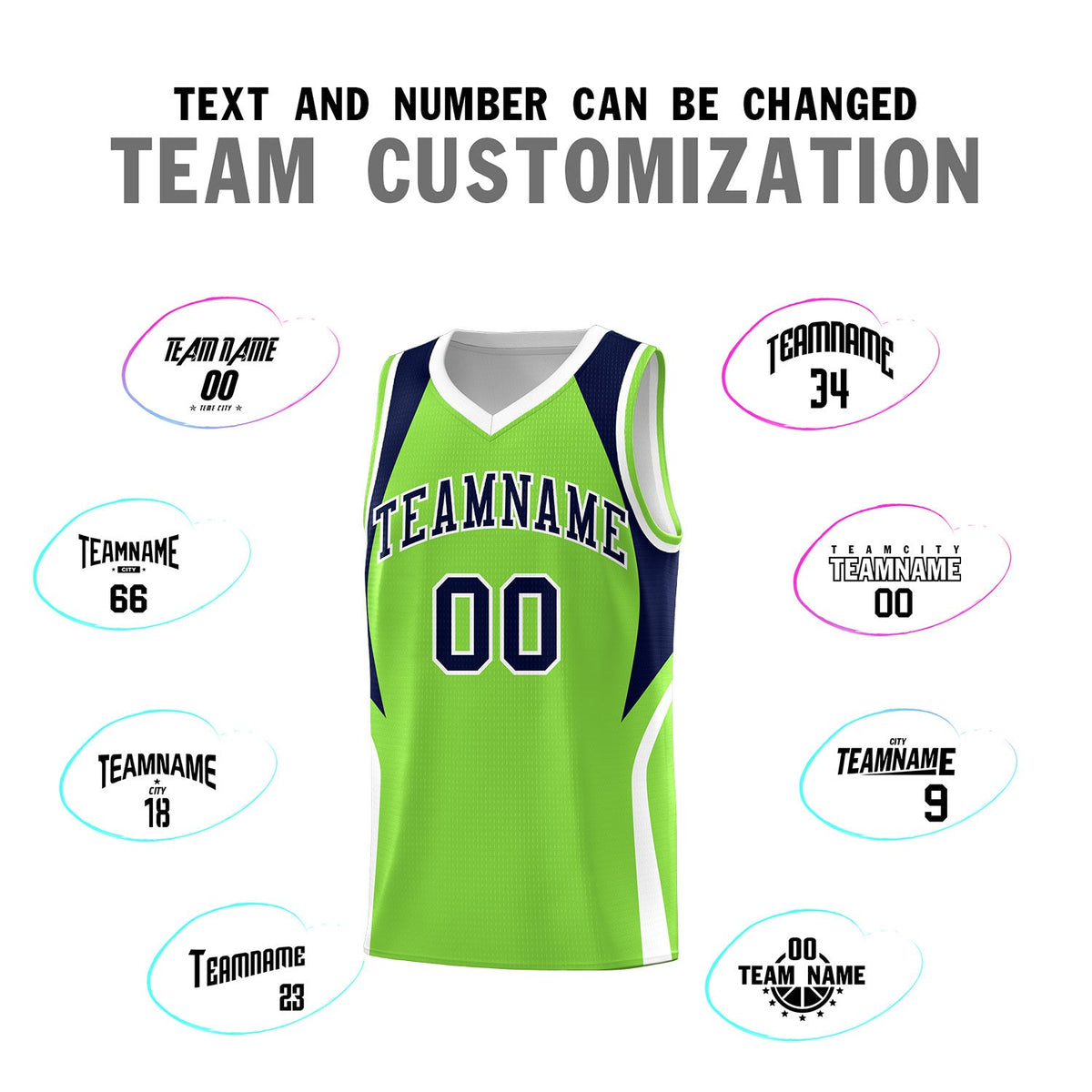 Custom Neon Green Navy and White Color Block Sports Uniform Basketball Jersey