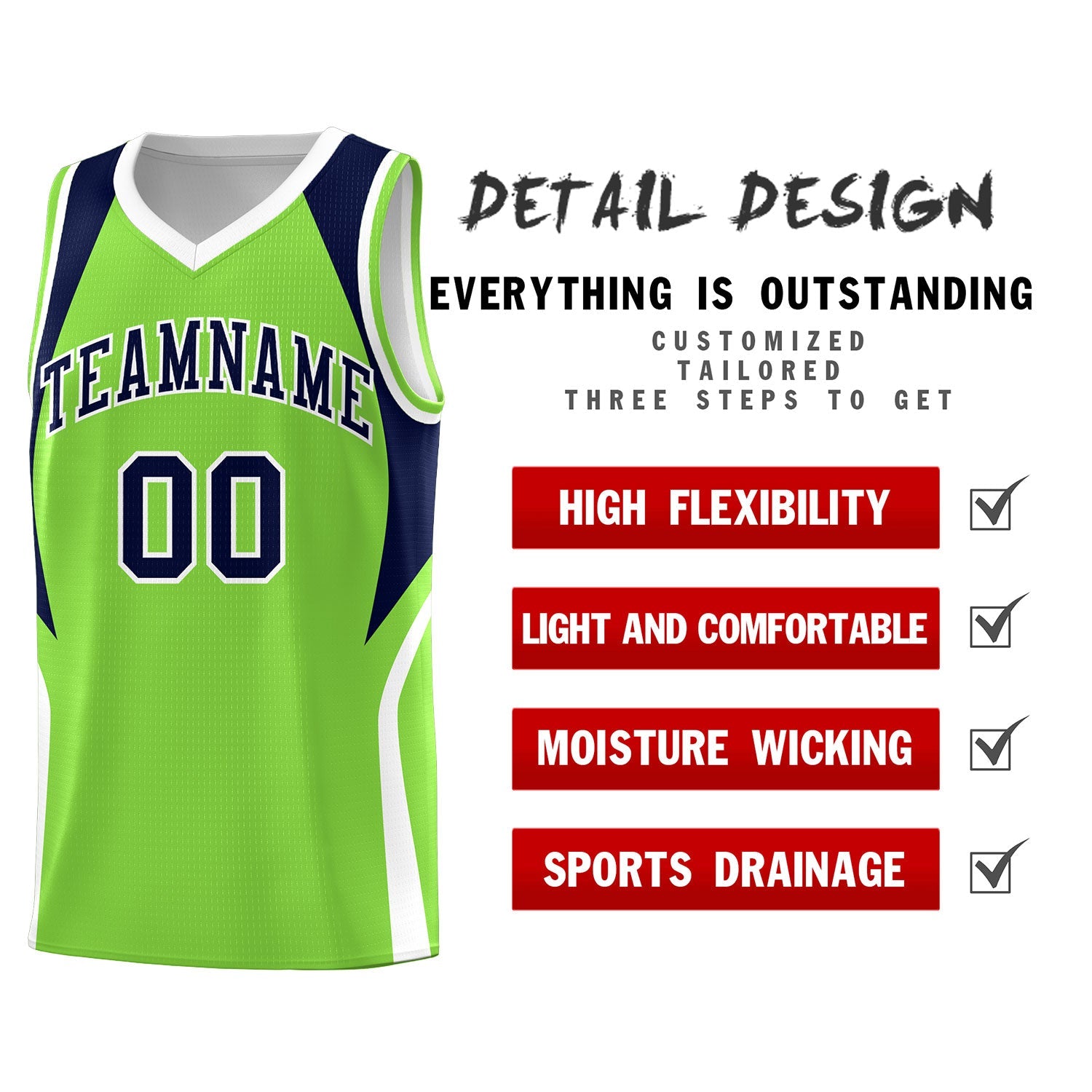 Custom Neon Green Navy and White Color Block Sports Uniform Basketball Jersey