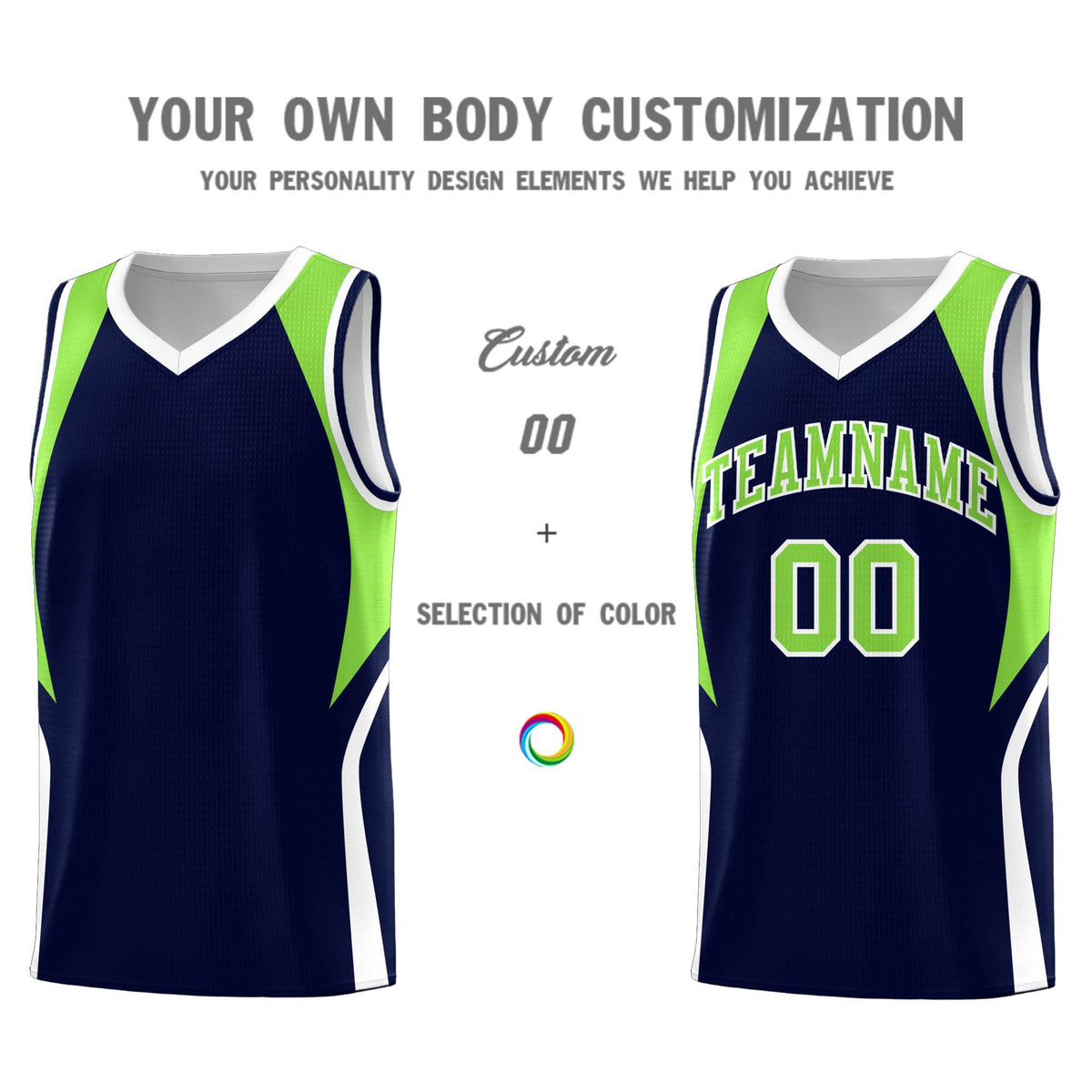 Custom Navy Neon Green and White Color Block Sports Uniform Basketball Jersey