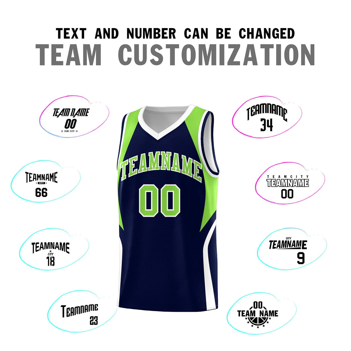 Custom Navy Neon Green and White Color Block Sports Uniform Basketball Jersey