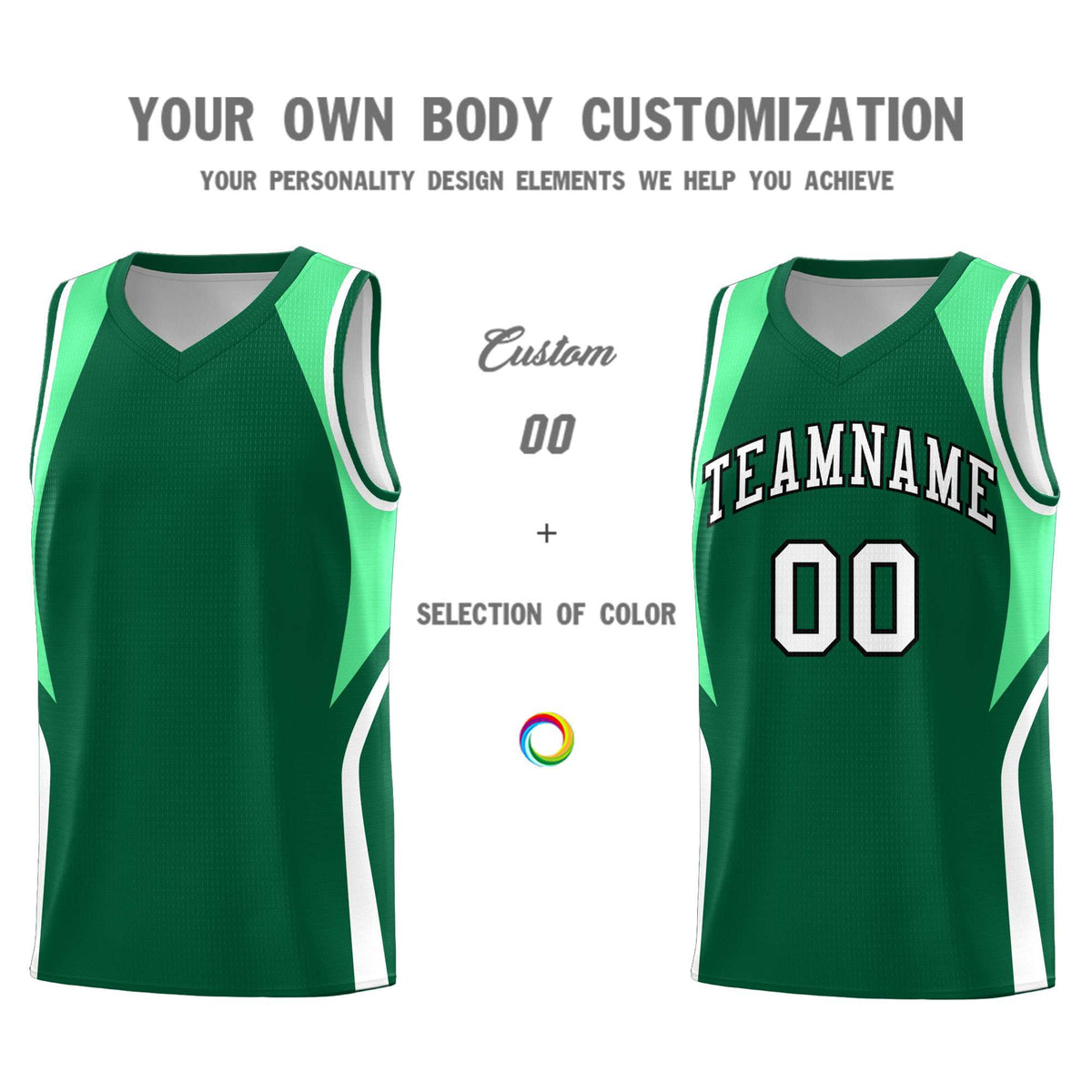 Custom Kelly Green Green and White Color Block Sports Uniform Basketball Jersey