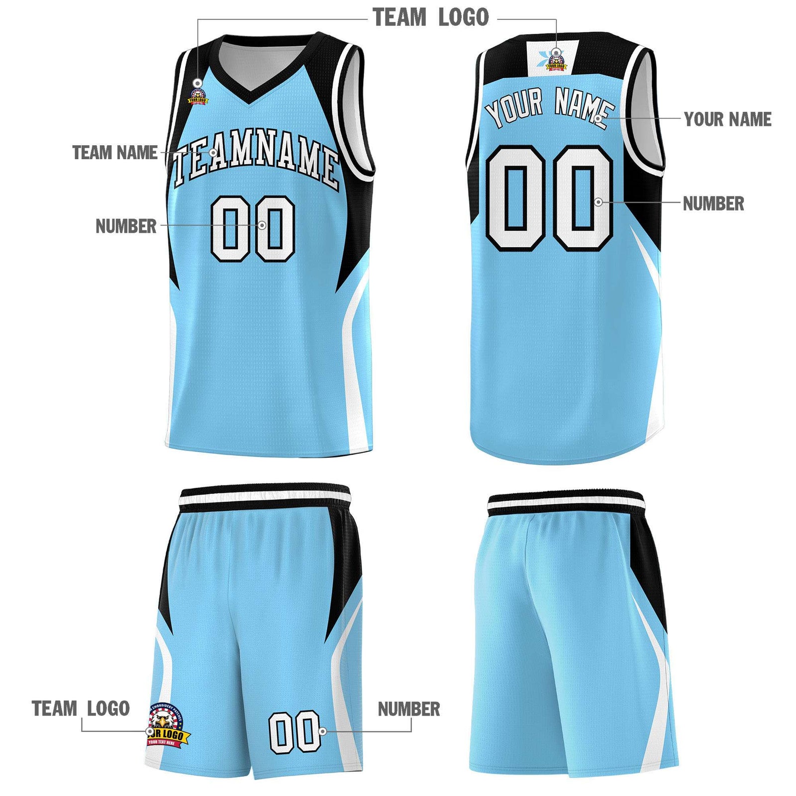 Custom Light Blue Black and White Color Block Sports Uniform Basketball Jersey