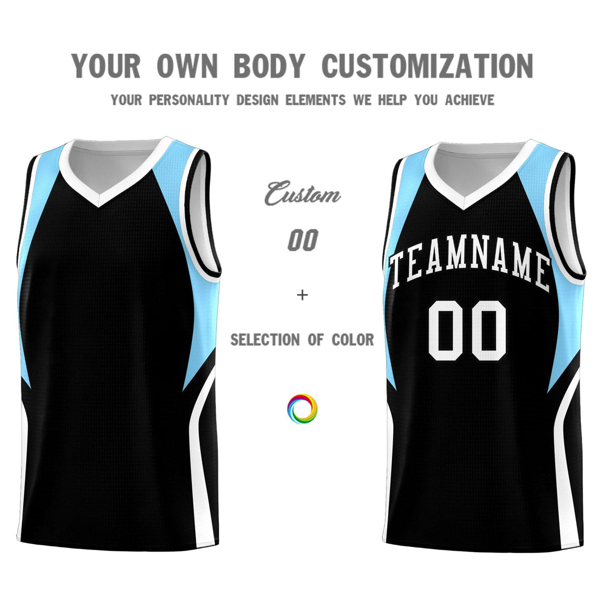 Custom Black Light Blue and White Color Block Sports Uniform Basketball Jersey