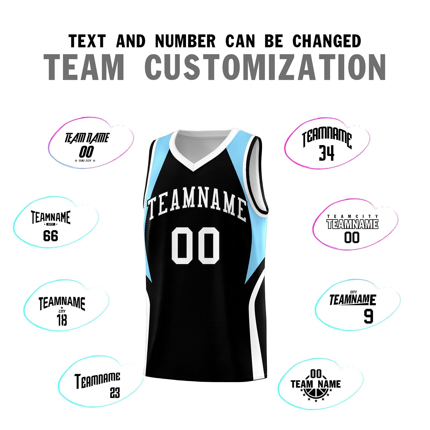 Custom Black Light Blue and White Color Block Sports Uniform Basketball Jersey