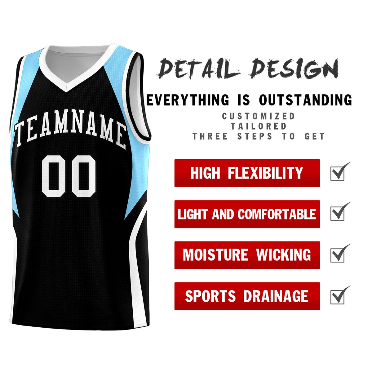 Custom Black Light Blue and White Color Block Sports Uniform Basketball Jersey