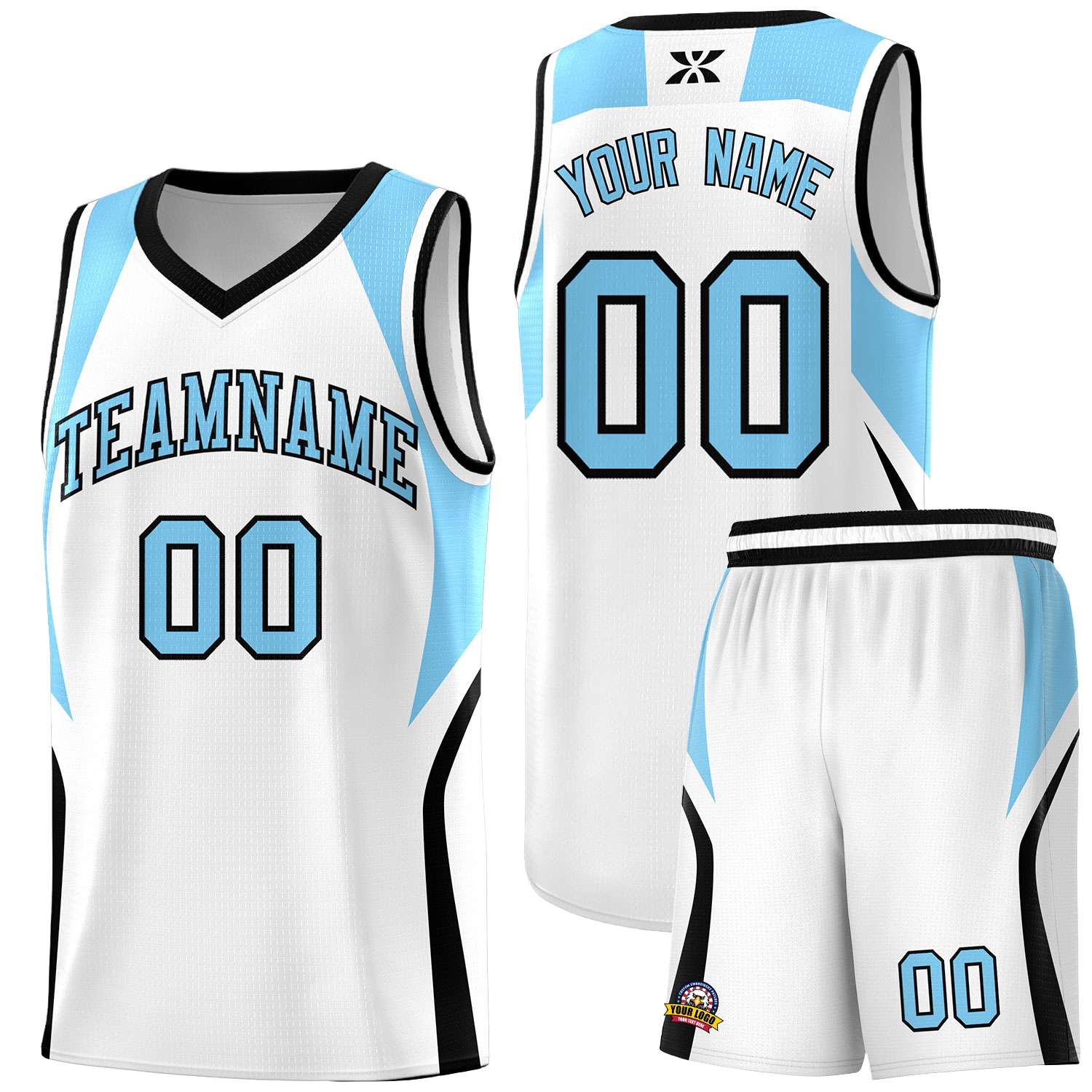 Custom White Light Blue and Black Color Block Sports Uniform Basketball Jersey