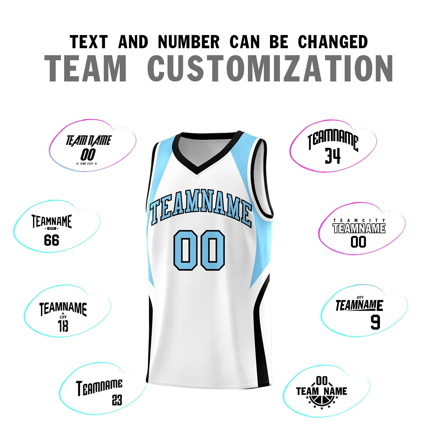 Custom White Light Blue and Black Color Block Sports Uniform Basketball Jersey