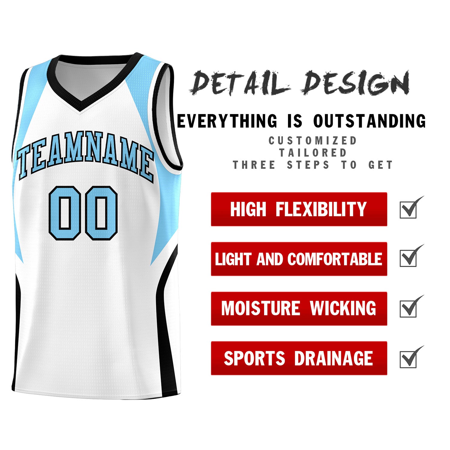 Custom White Light Blue and Black Color Block Sports Uniform Basketball Jersey