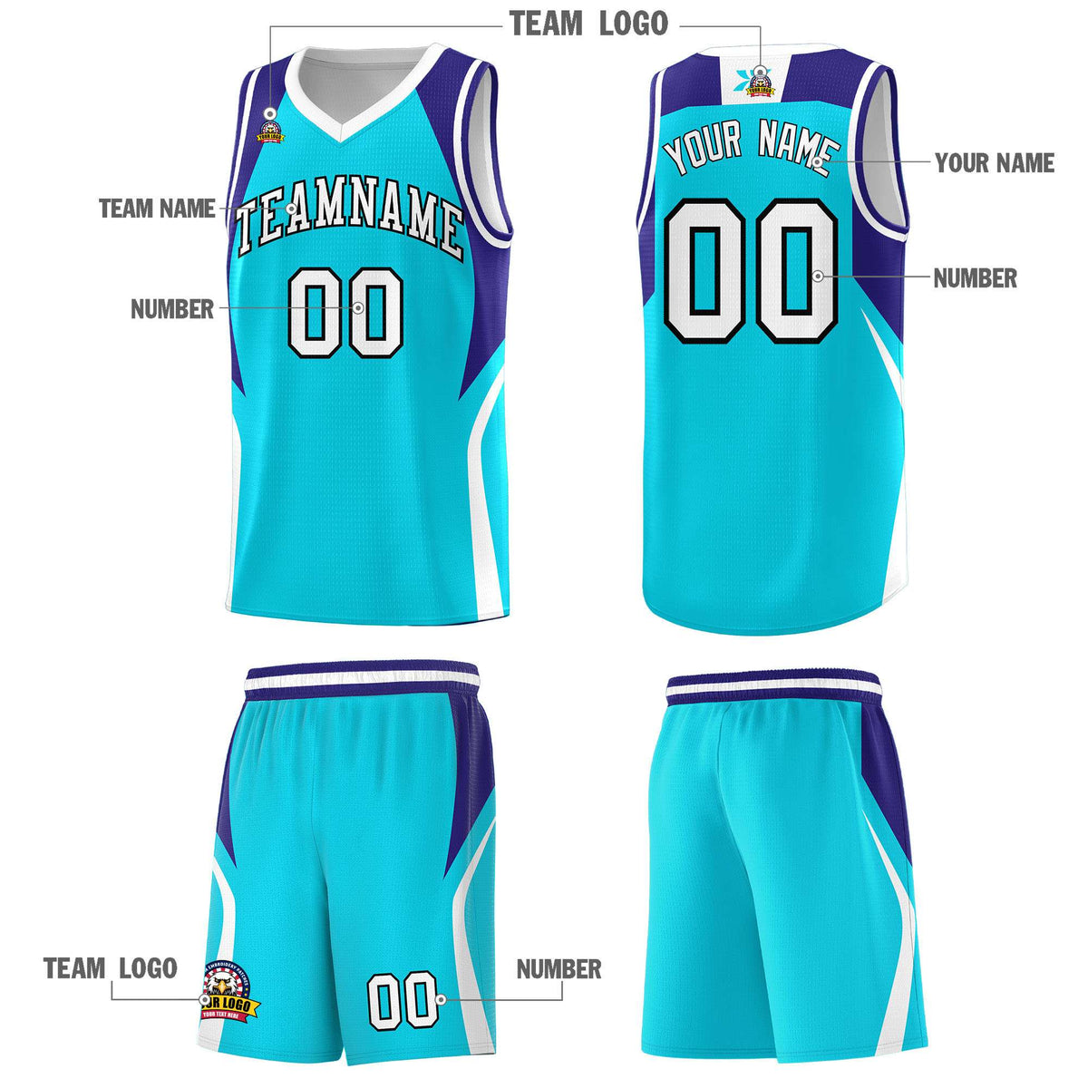 Custom Sky Blue Royal and White Color Block Sports Uniform Basketball Jersey