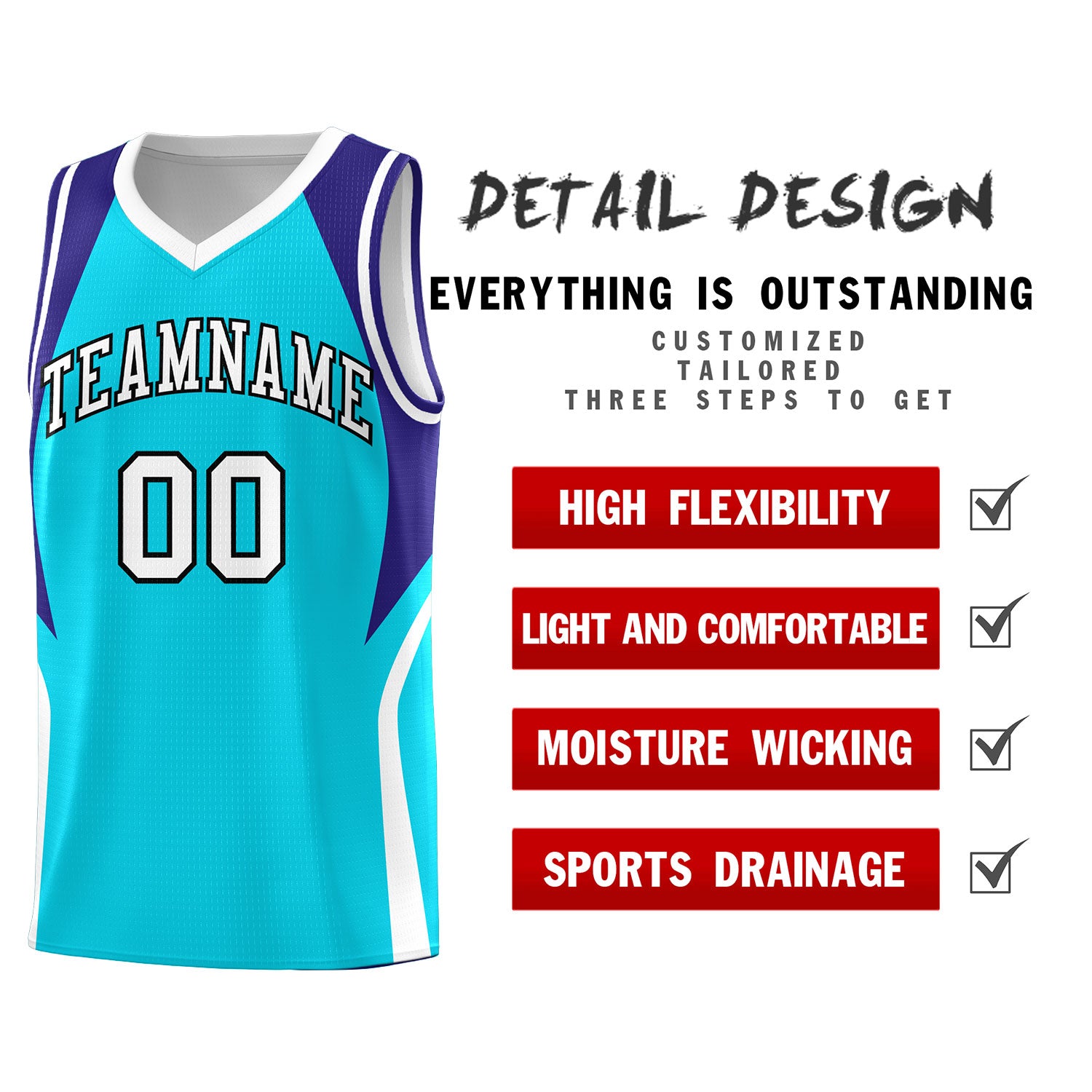 Custom Sky Blue Royal and White Color Block Sports Uniform Basketball Jersey