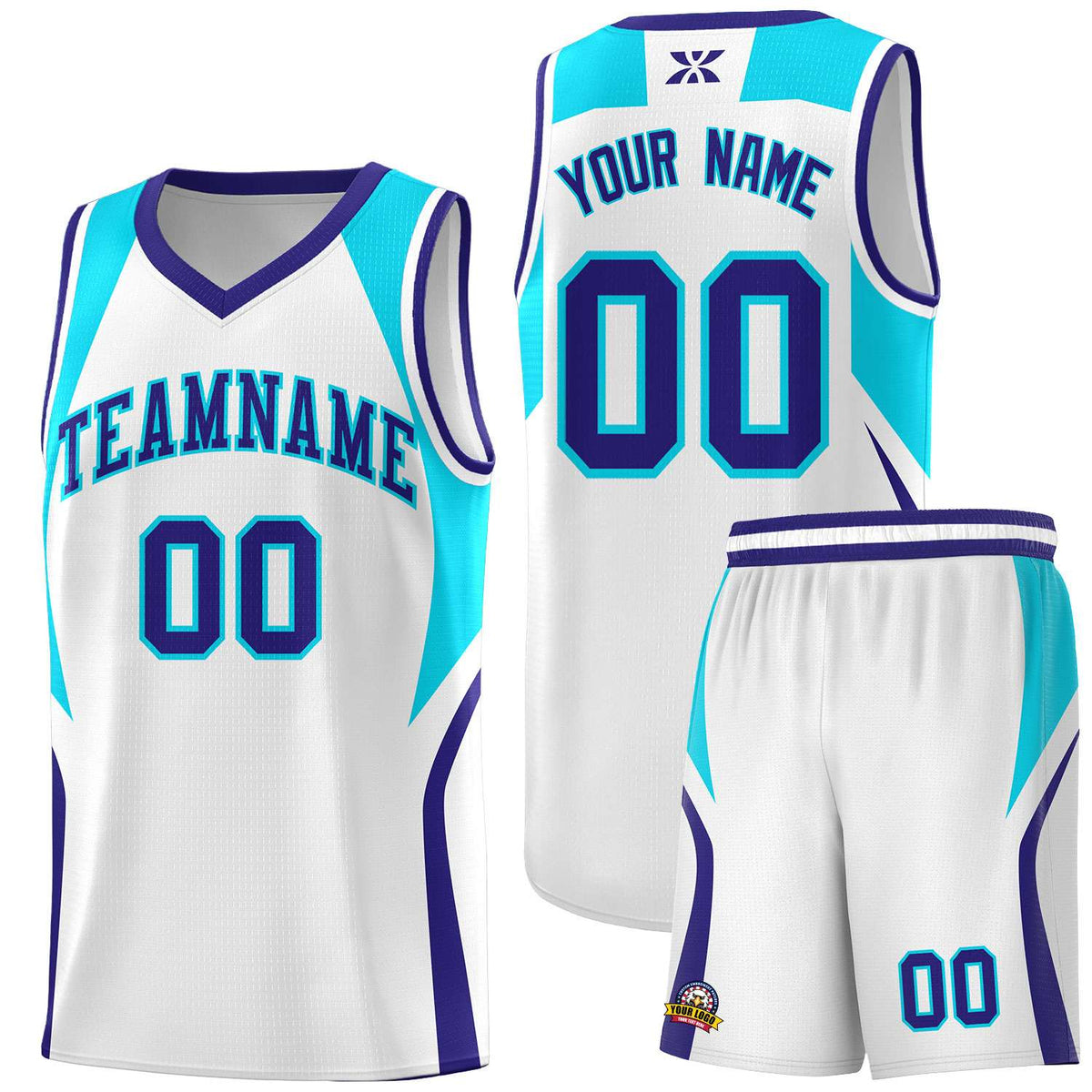 Custom White Sky Blue and Royal Color Block Sports Uniform Basketball Jersey