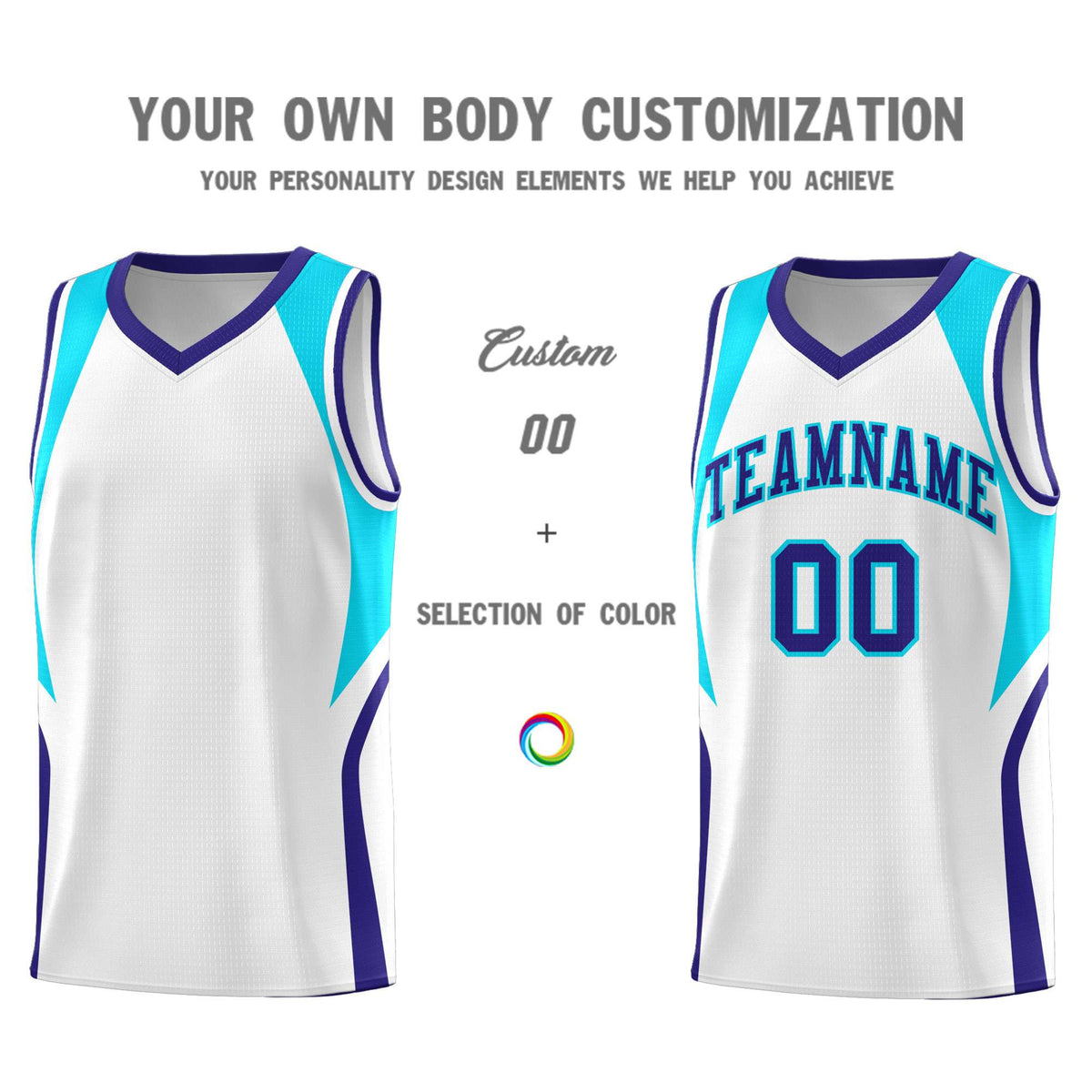Custom White Sky Blue and Royal Color Block Sports Uniform Basketball Jersey
