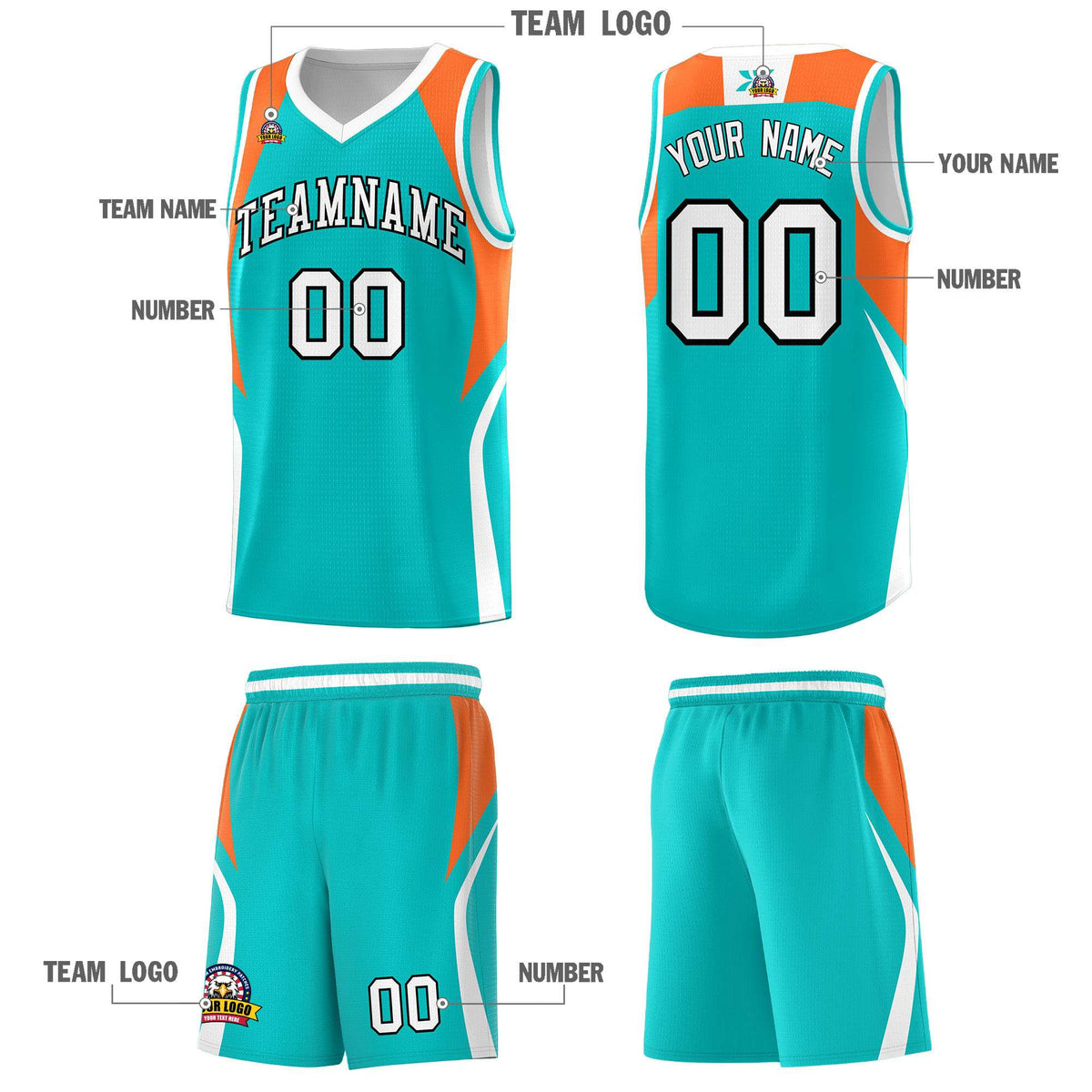 Custom Aqua Orange and White Color Block Sports Uniform Basketball Jersey