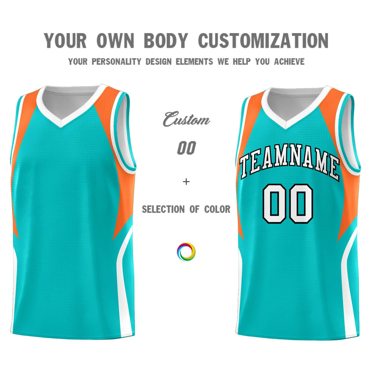 Custom Aqua Orange and White Color Block Sports Uniform Basketball Jersey