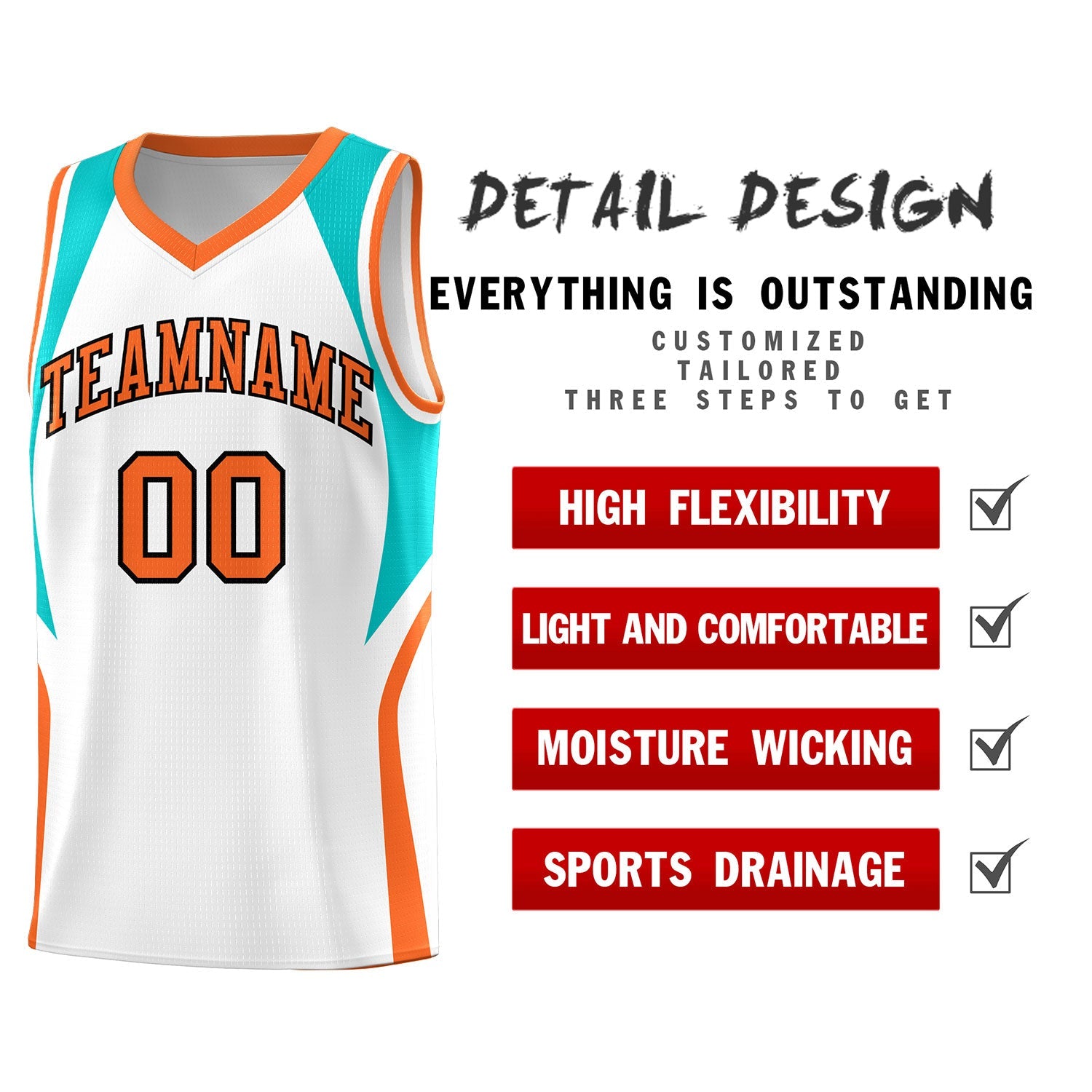 Custom White Aqua and Orange Color Block Sports Uniform Basketball Jersey
