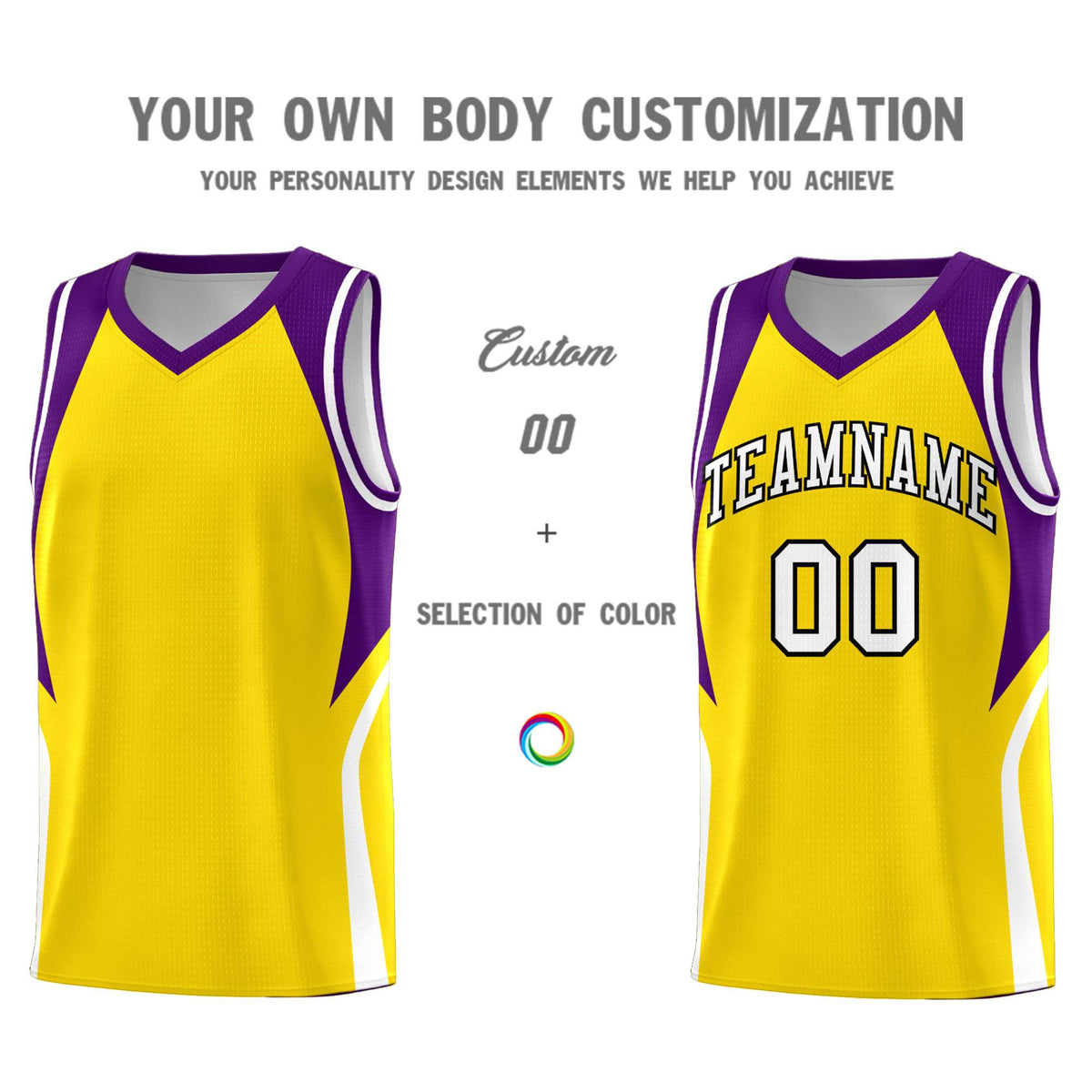 Custom Gold Purple and White Color Block Sports Uniform Basketball Jersey
