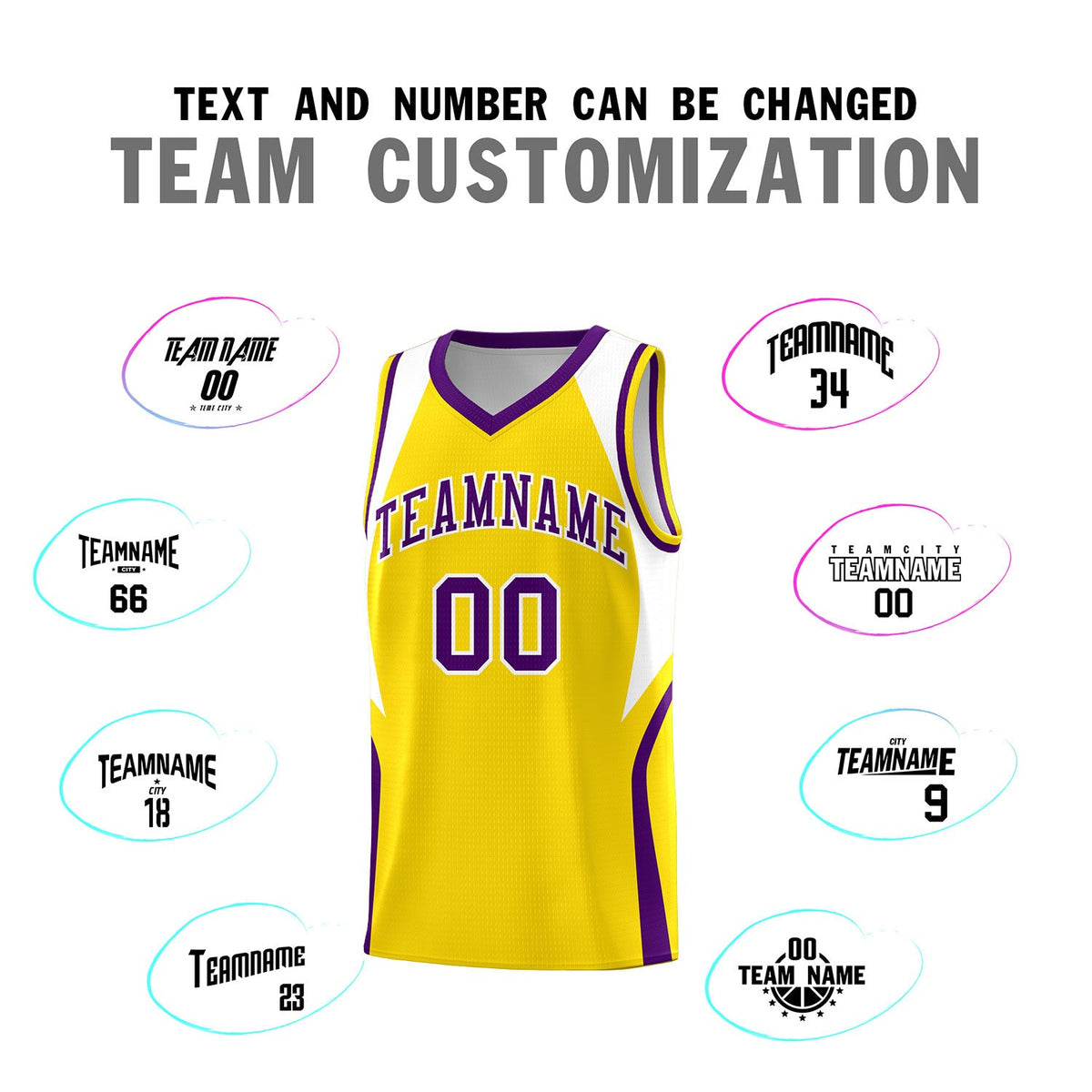 Custom Gold White and Purple Color Block Sports Uniform Basketball Jersey