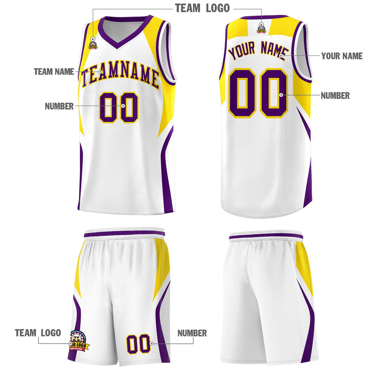 Custom White Gold and Purple Color Block Sports Uniform Basketball Jersey