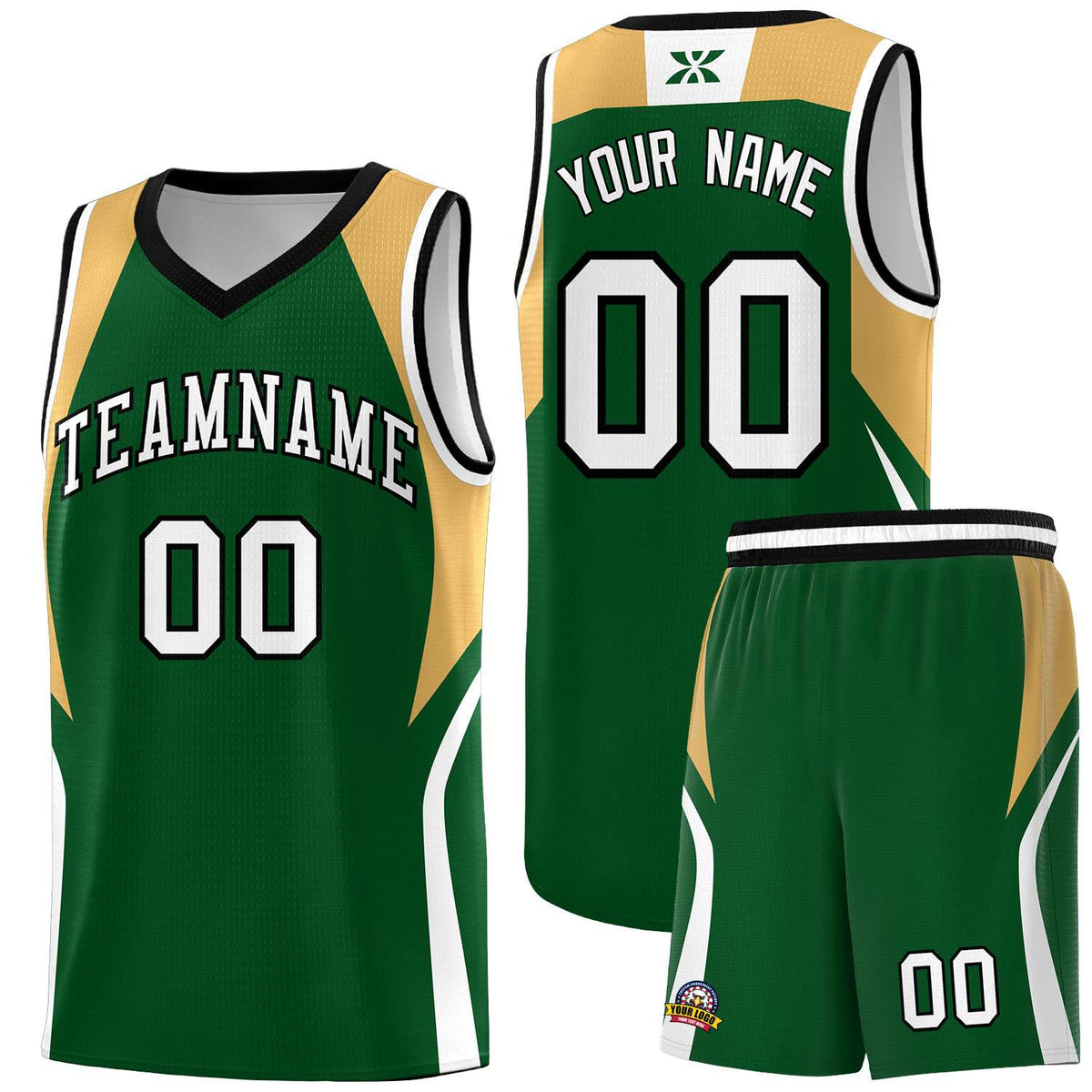 Custom Green Buckskin Brown and White Color Block Sports Uniform Basketball Jersey