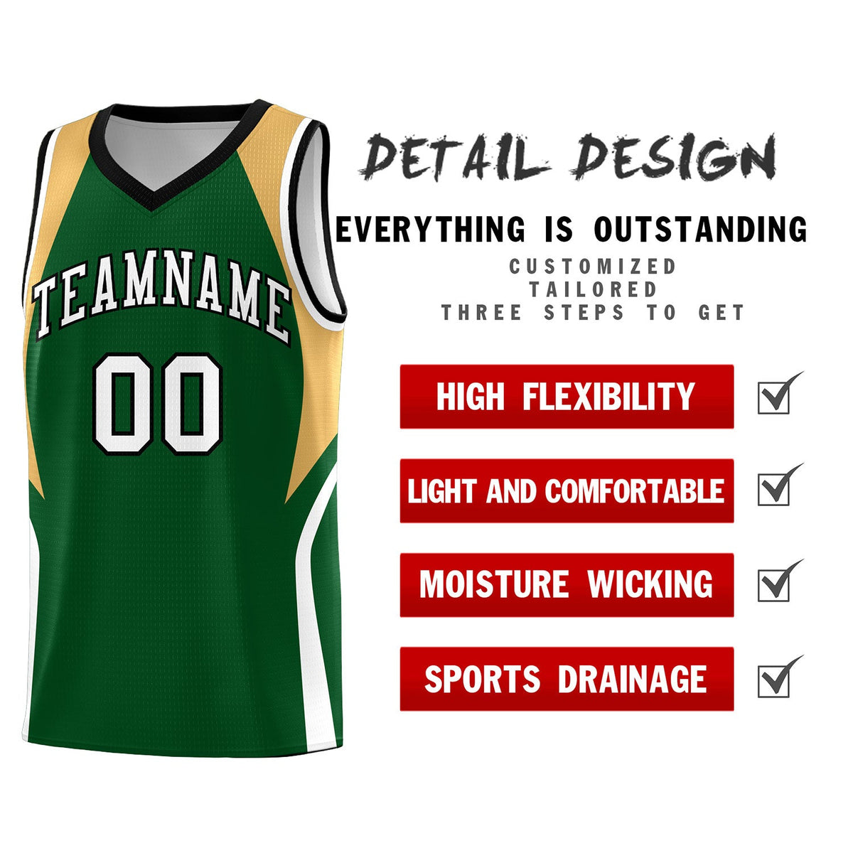 Custom Green Buckskin Brown and White Color Block Sports Uniform Basketball Jersey