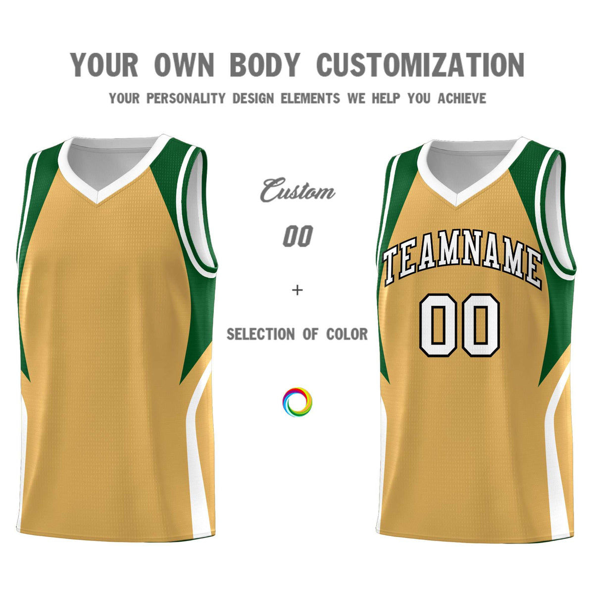 Custom Buckskin Brown Green and White Color Block Sports Uniform Basketball Jersey
