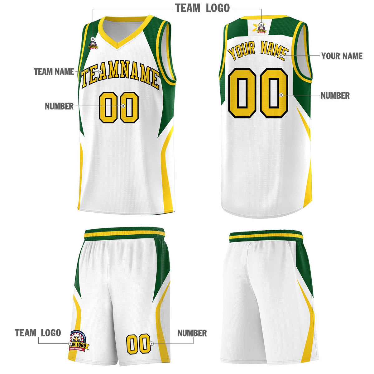 Custom White Hunter Green and Gold Color Block Sports Uniform Basketball Jersey