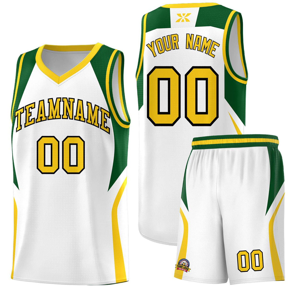 Custom White Hunter Green and Gold Color Block Sports Uniform Basketball Jersey