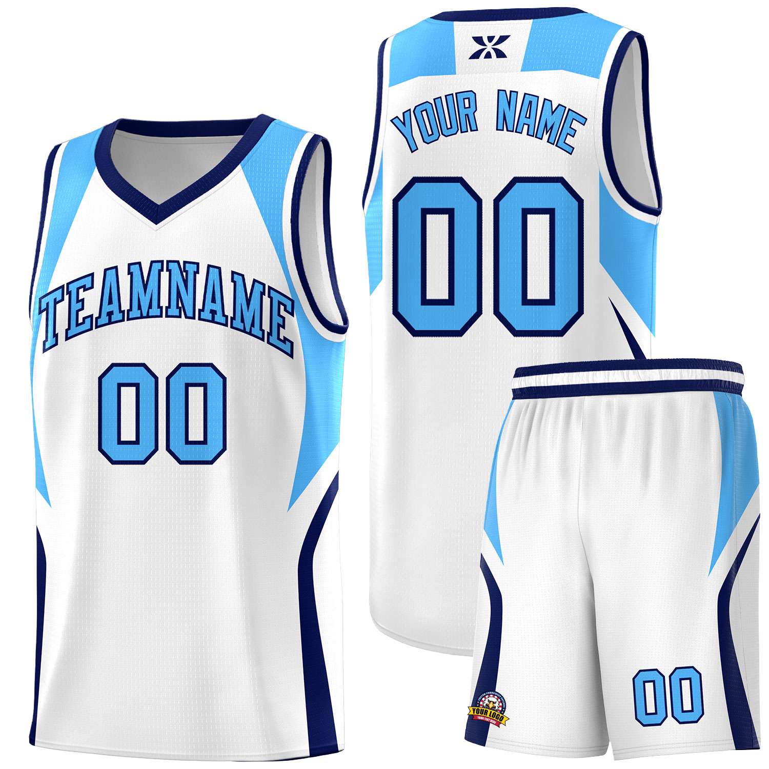 Custom White Powder Blue and Navy Color Block Sports Uniform Basketball Jersey