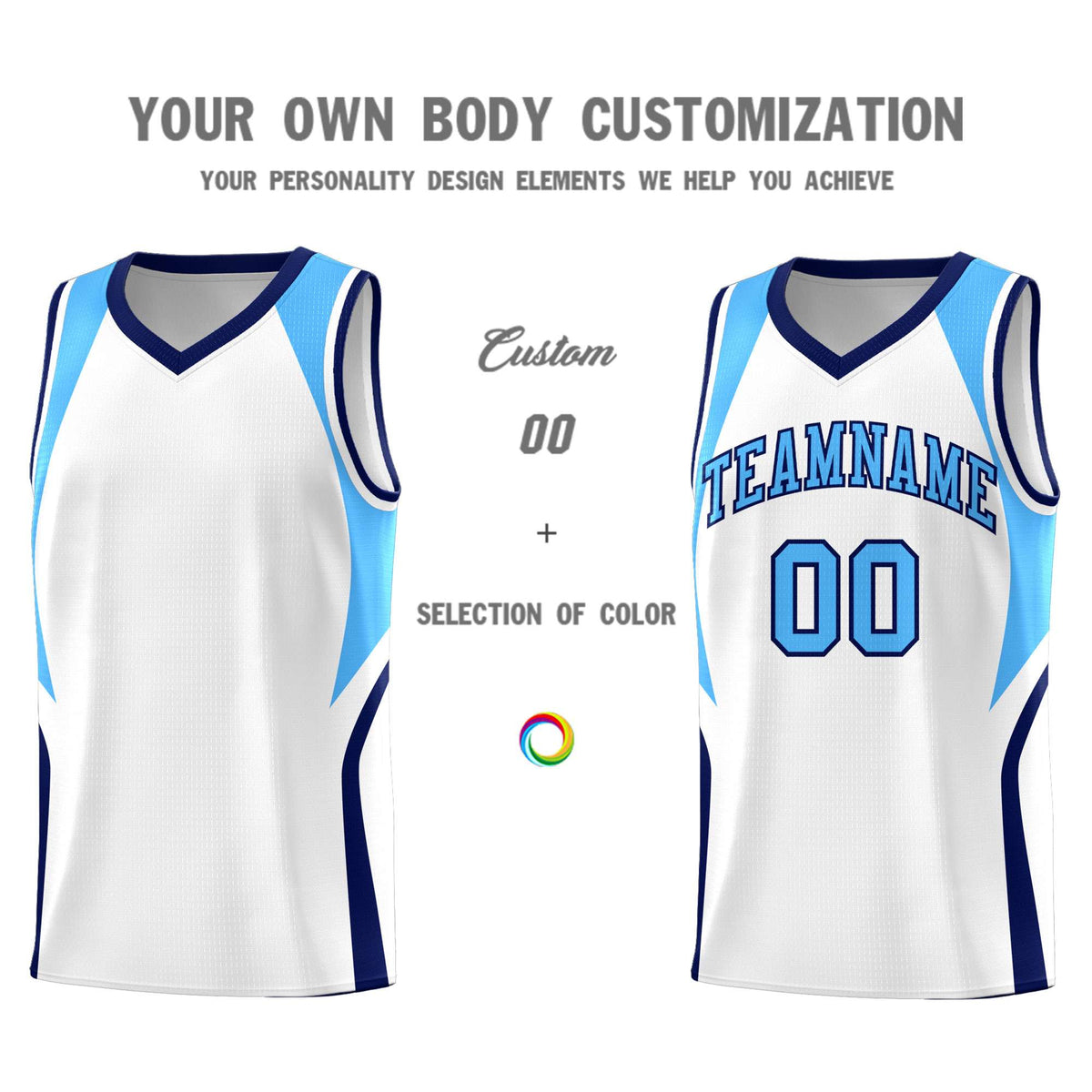 Custom White Powder Blue and Navy Color Block Sports Uniform Basketball Jersey