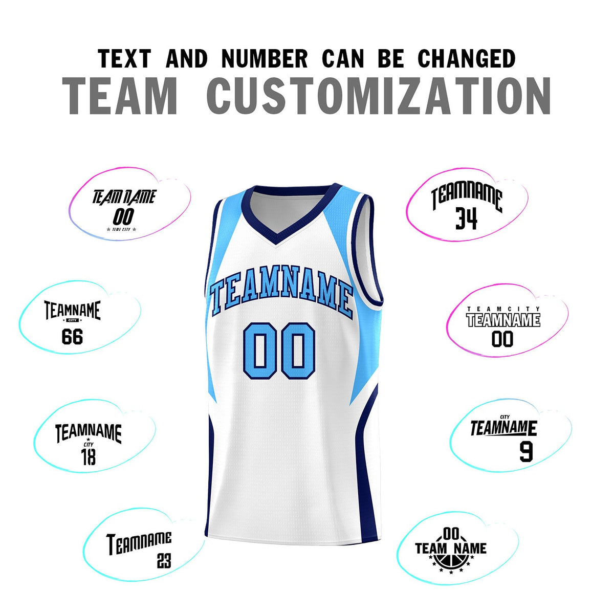 Custom White Powder Blue and Navy Color Block Sports Uniform Basketball Jersey
