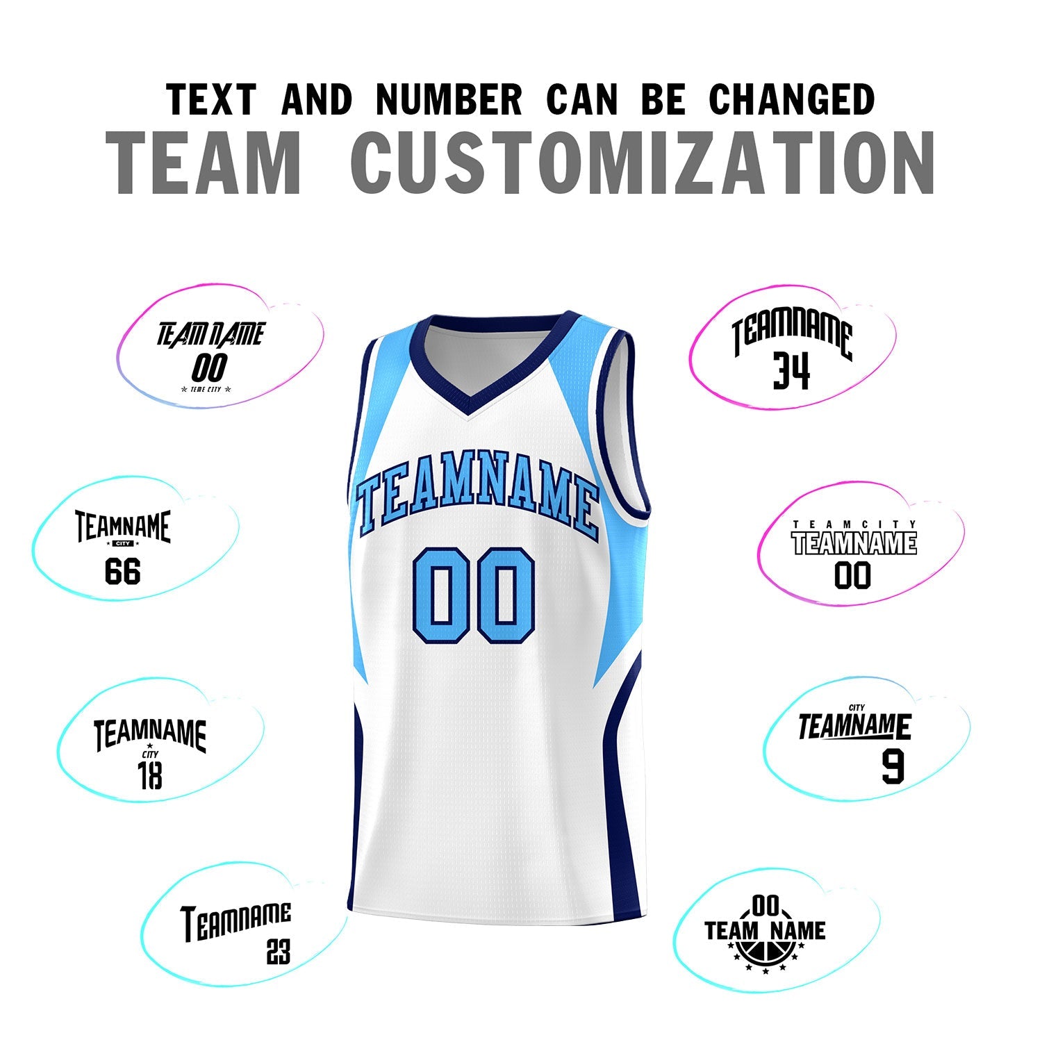 Custom White Powder Blue and Navy Color Block Sports Uniform Basketball Jersey