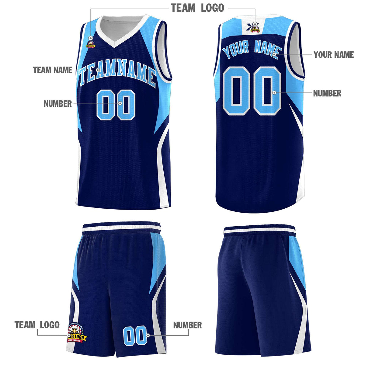 Custom Navy Powder Blue and White Color Block Sports Uniform Basketball Jersey