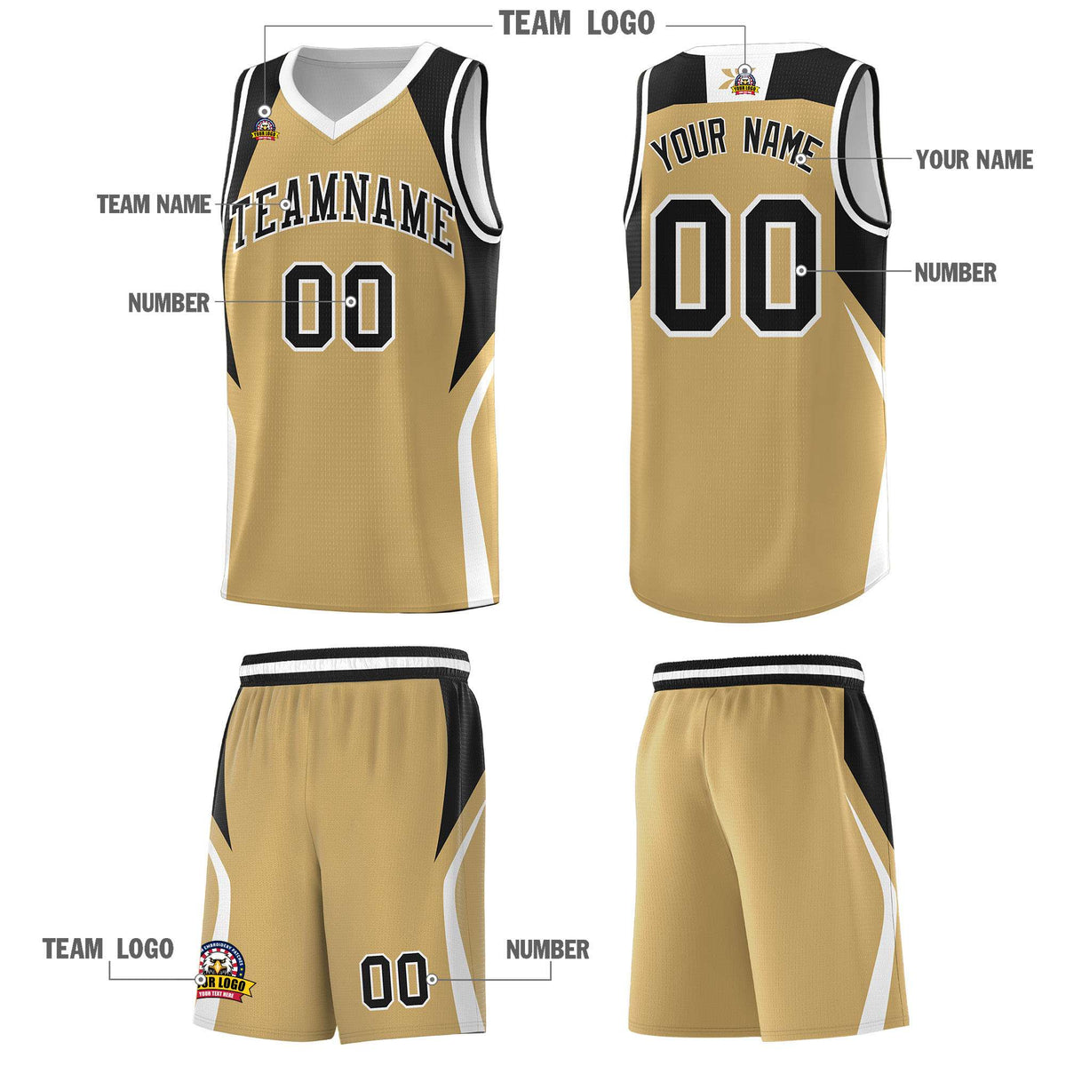 Custom Old Gold Black and White Color Block Sports Uniform Basketball Jersey