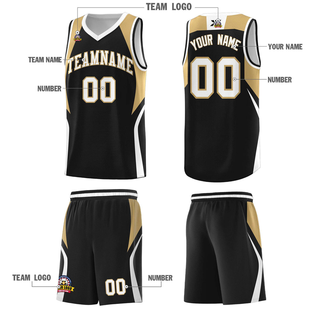 Custom Black Old Gold and White Color Block Sports Uniform Basketball Jersey