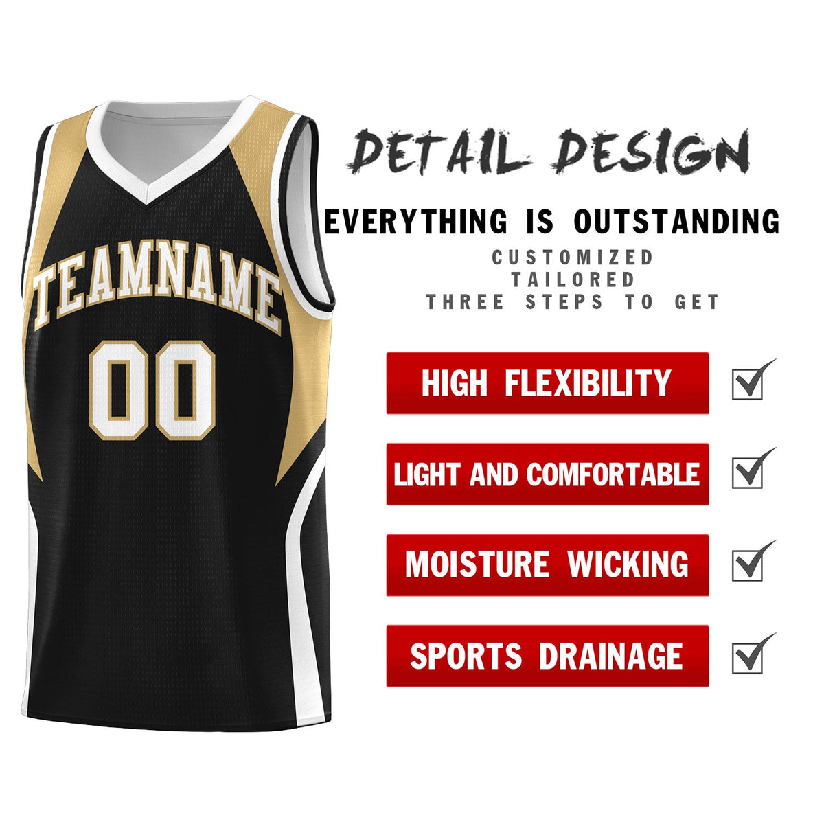 Custom Black Old Gold and White Color Block Sports Uniform Basketball Jersey